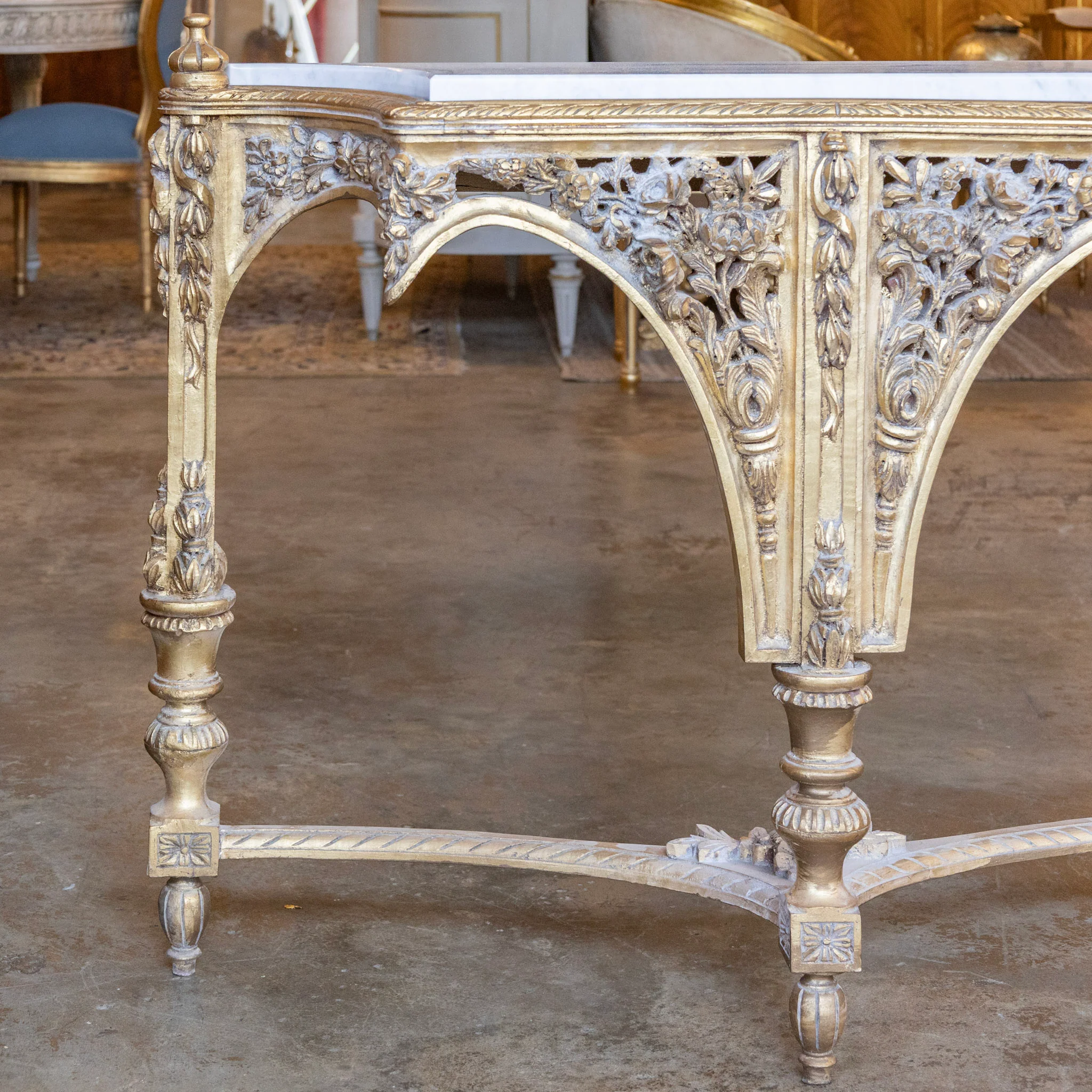 Louis XVI Ornate Gilded Console Table – Hand-Carved Florals & White Marble Top - Image 5