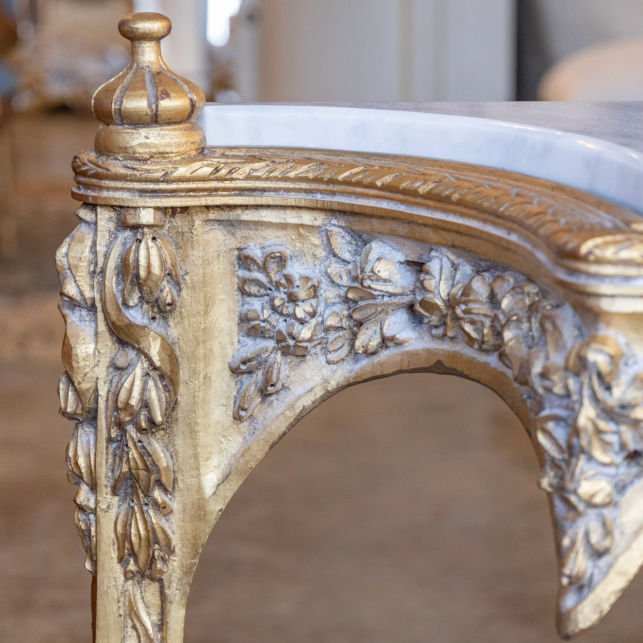 Louis XVI Ornate Gilded Console Table – Hand-Carved Florals & White Marble Top - Image 6