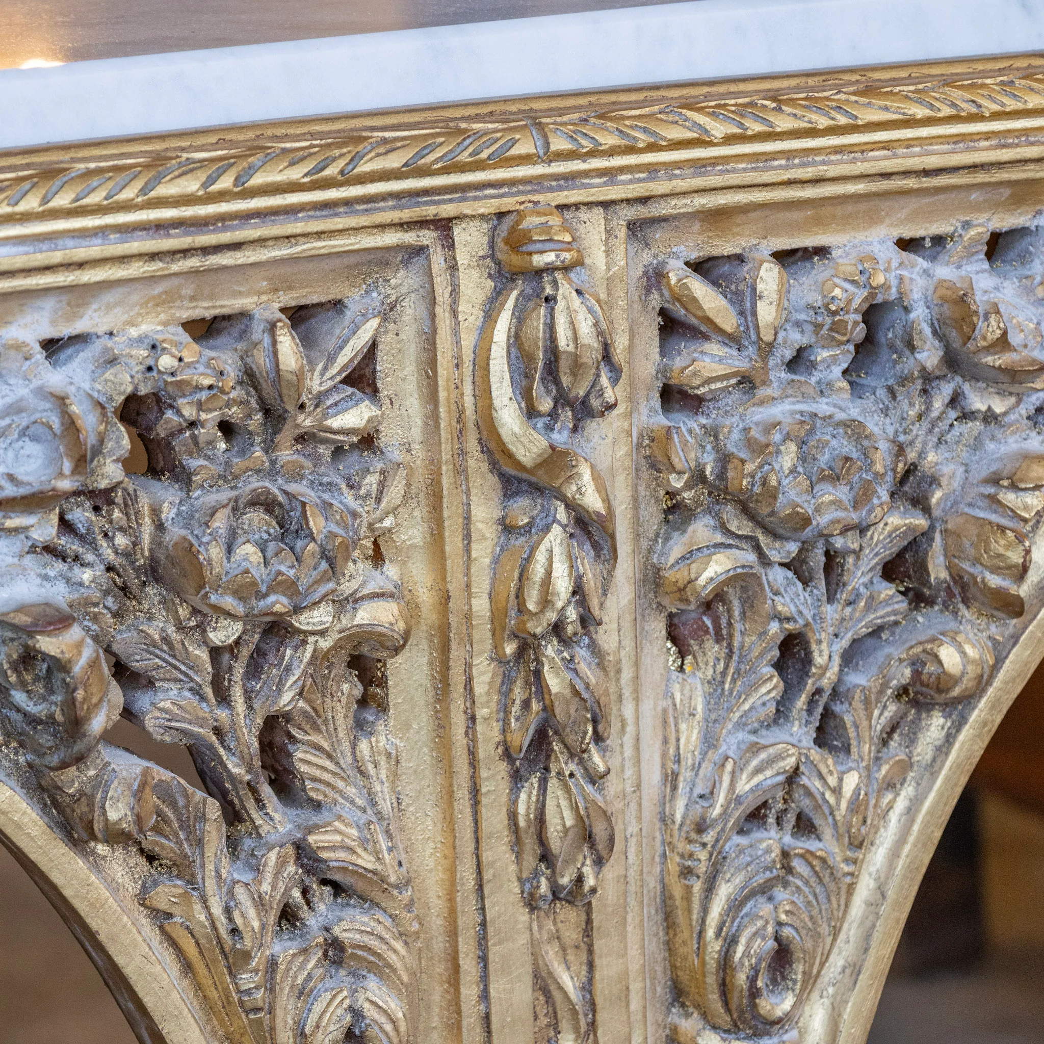 Louis XVI Ornate Gilded Console Table – Hand-Carved Florals & White Marble Top - Image 7