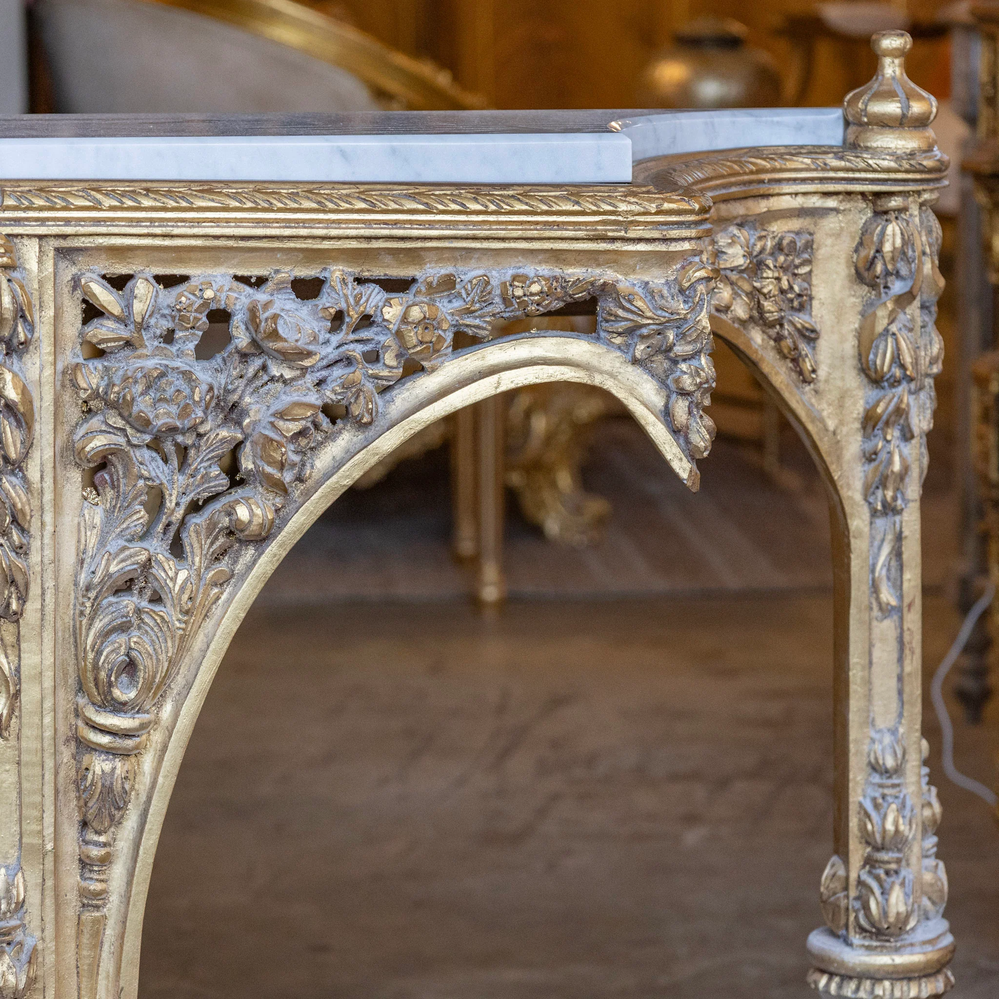 Louis XVI Ornate Gilded Console Table – Hand-Carved Florals & White Marble Top - Image 8