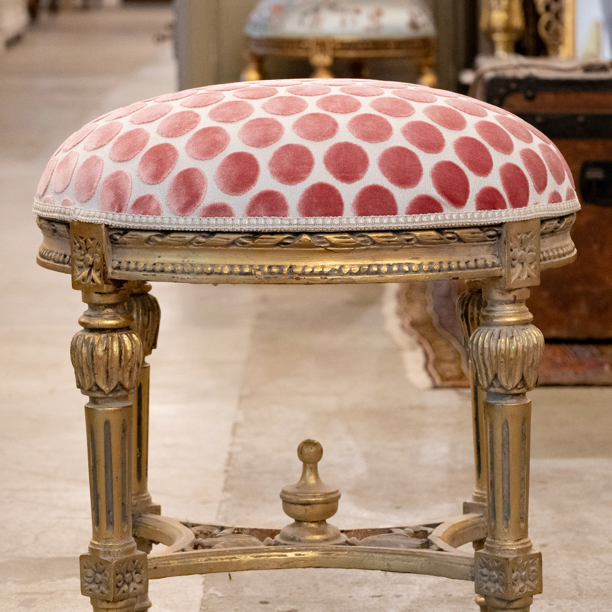 Louis XVI Oval Gilded Stool - Pink Velvet Polka Dot - Image 2
