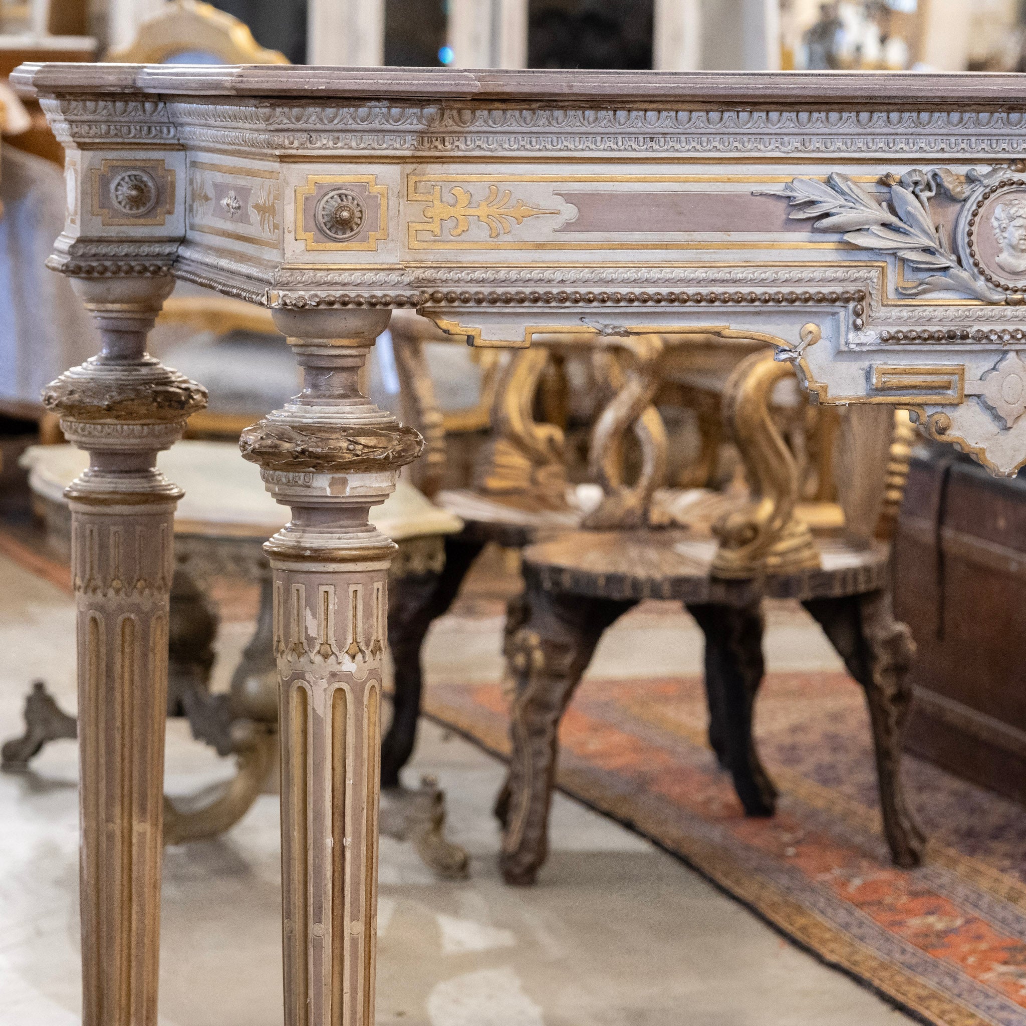Louis XVI Painted Console Table – Carved & Medallion Details - Image 4