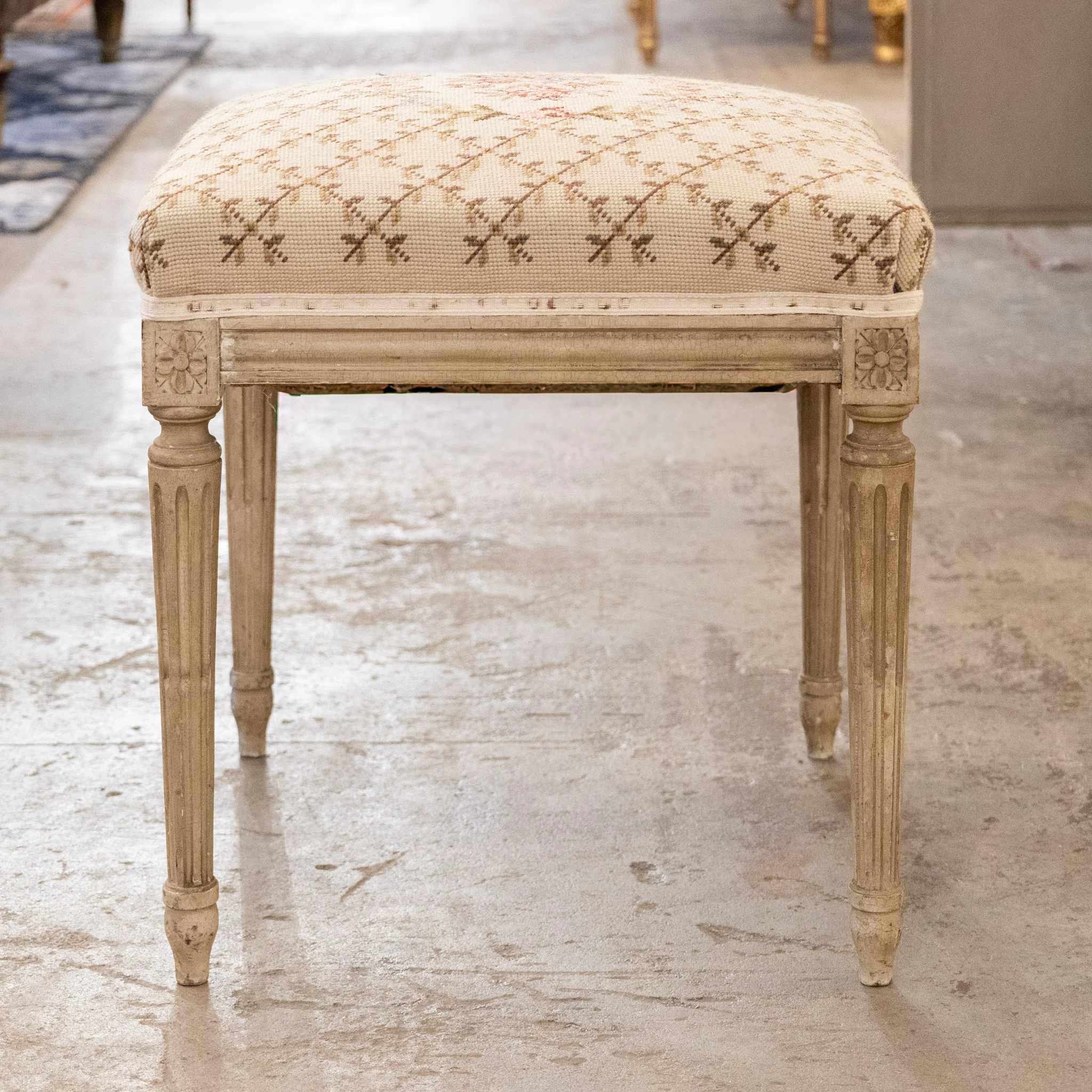 Louis XVI Painted Stool with Floral Needlepoint Seat