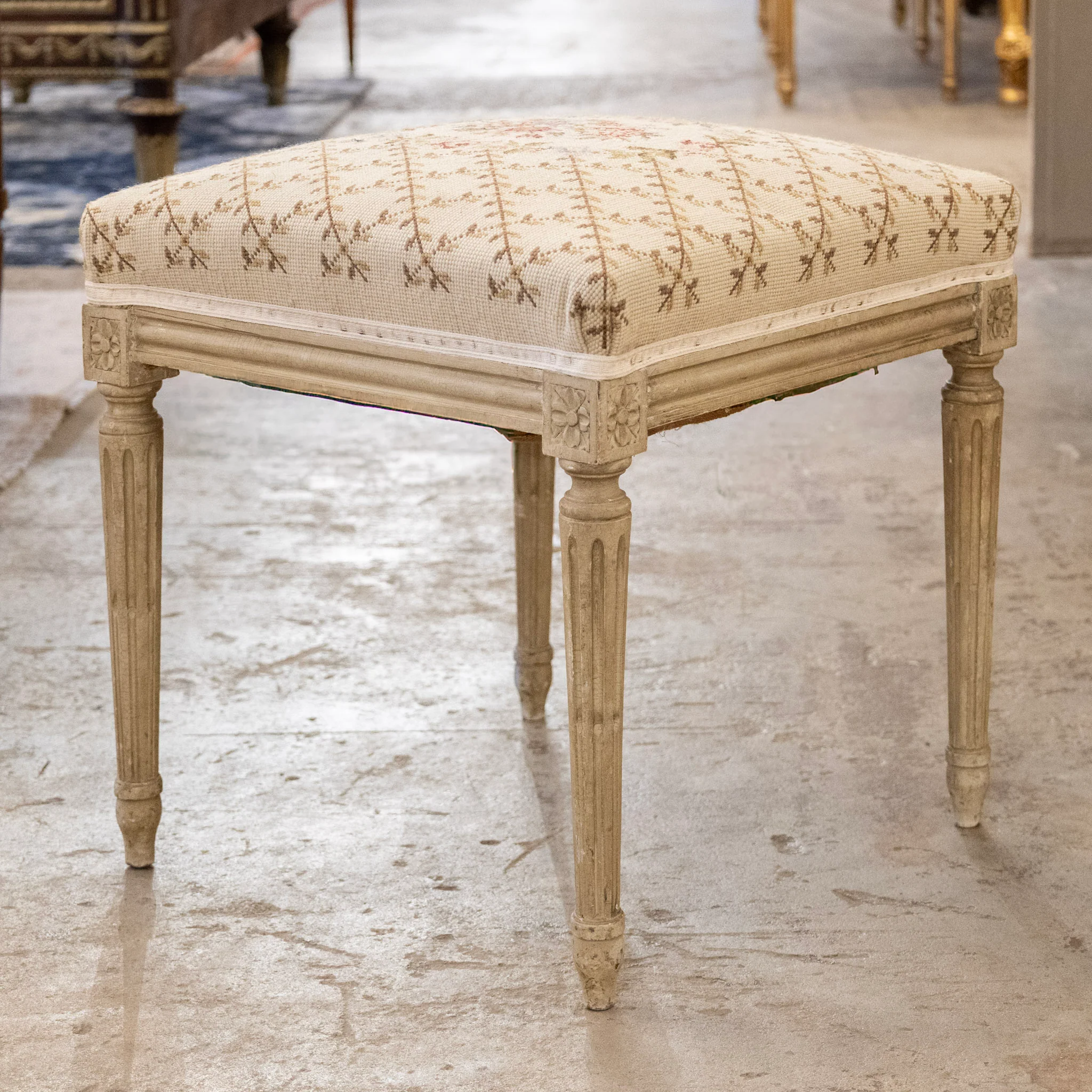 Louis XVI Painted Stool with Floral Needlepoint Seat - Image 4