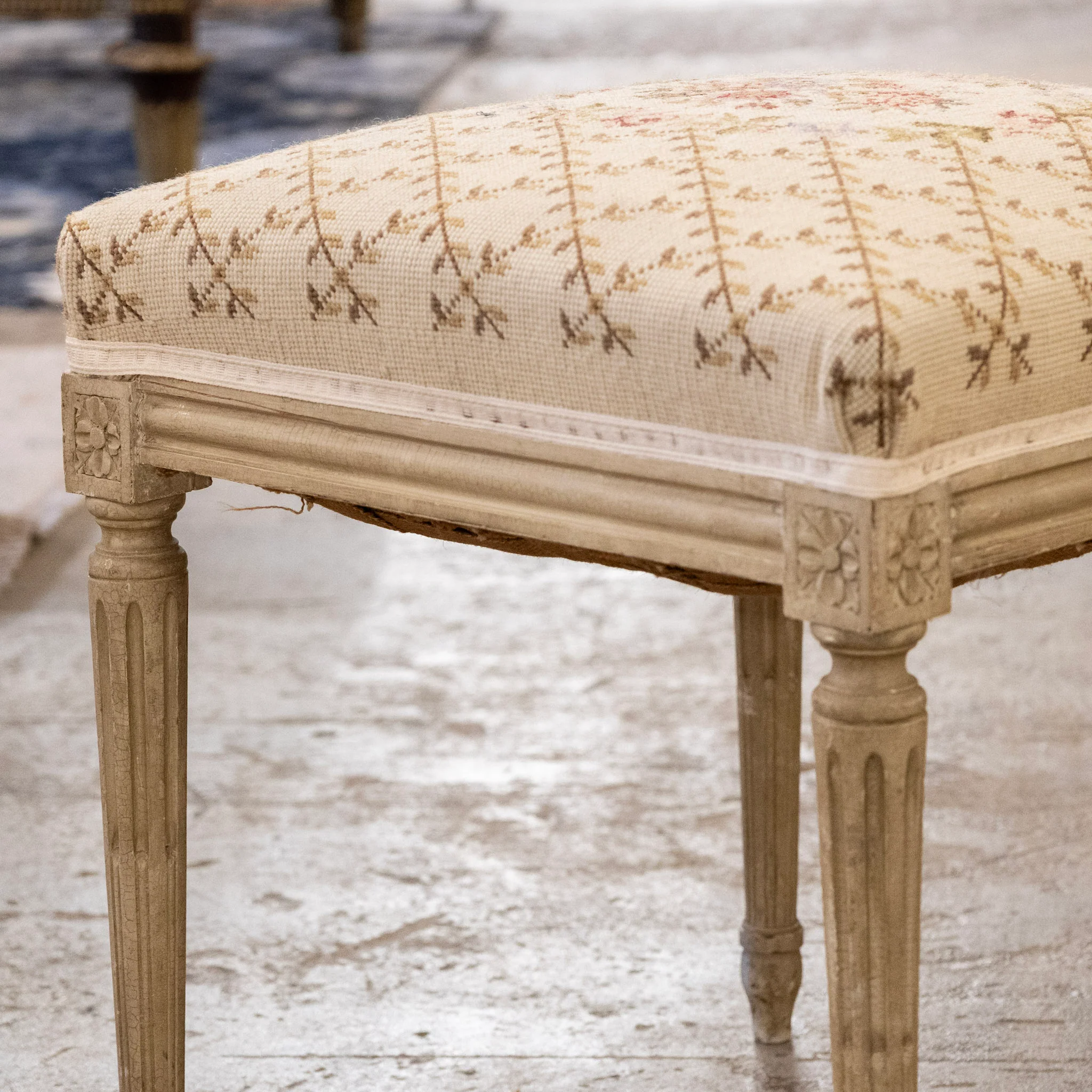 Louis XVI Painted Stool with Floral Needlepoint Seat - Image 6