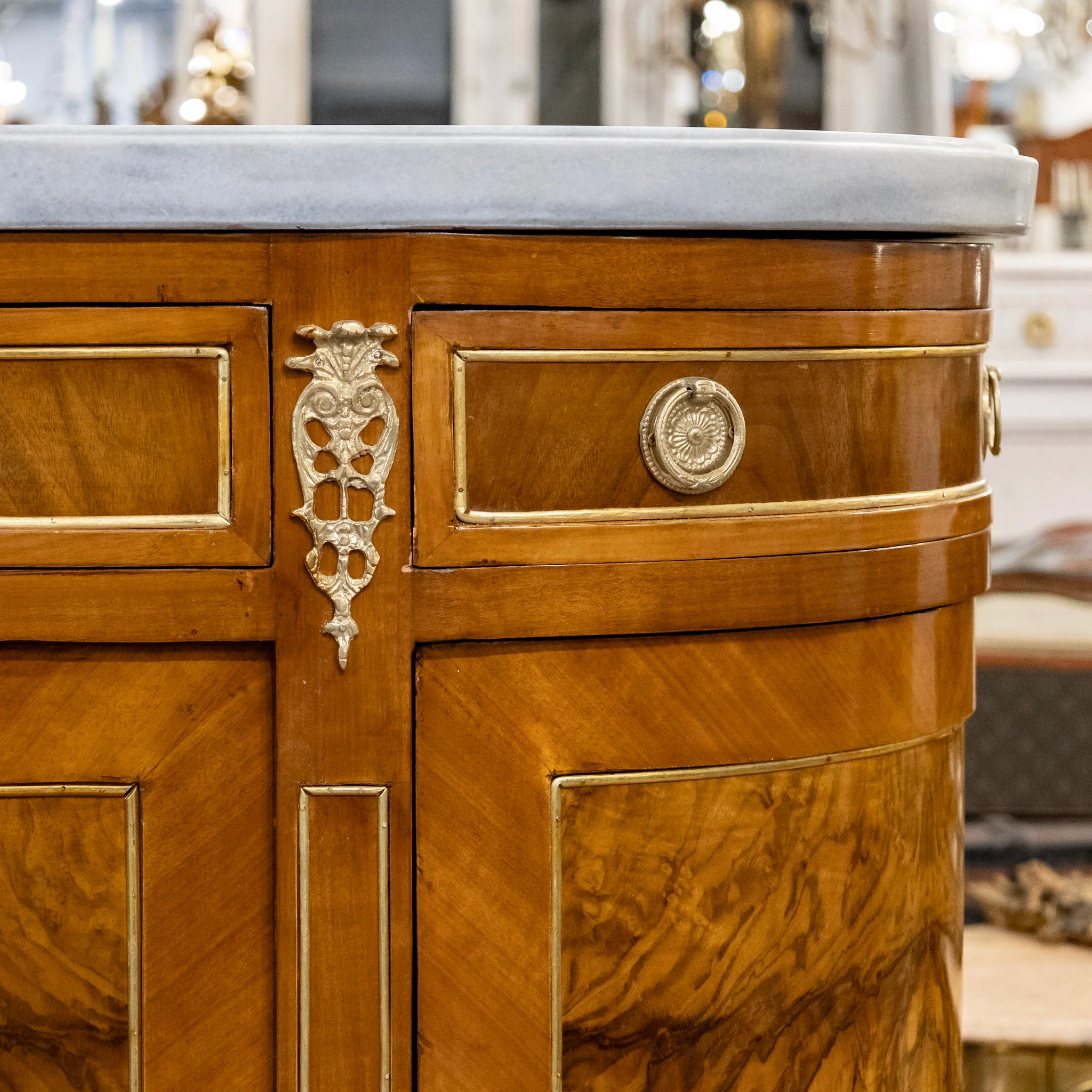 Louis XVI Paneled Burl Wood Demilune Sideboard With White Marble Top - Image 10