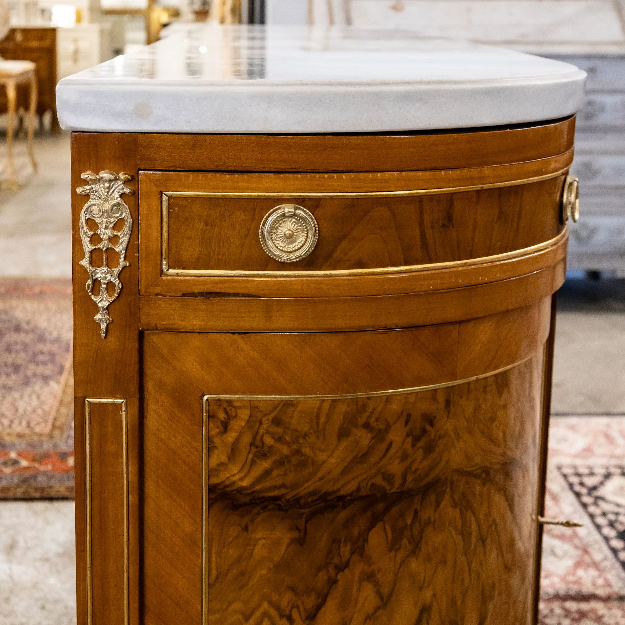 Louis XVI Paneled Burl Wood Demilune Sideboard With White Marble Top - Image 11