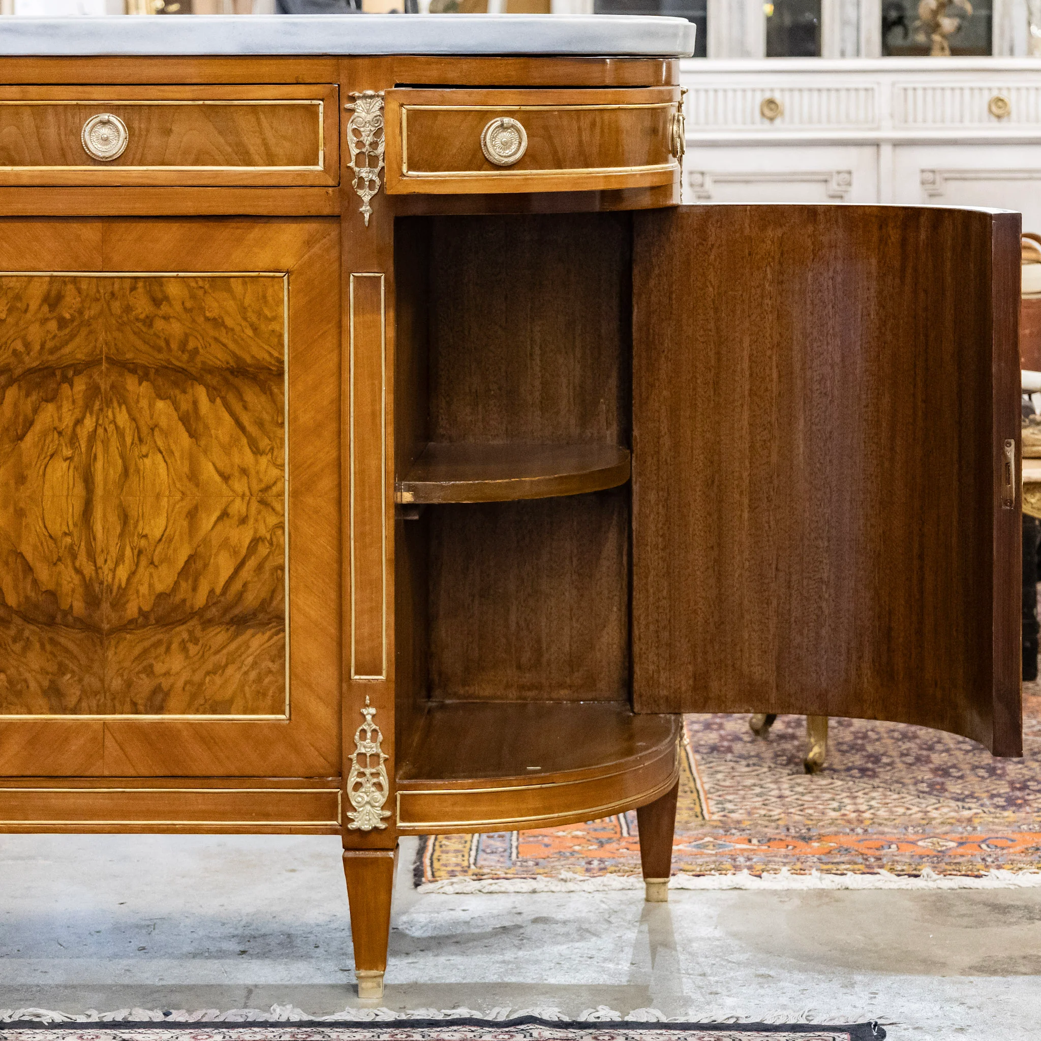 Louis XVI Paneled Burl Wood Demilune Sideboard With White Marble Top - Image 3