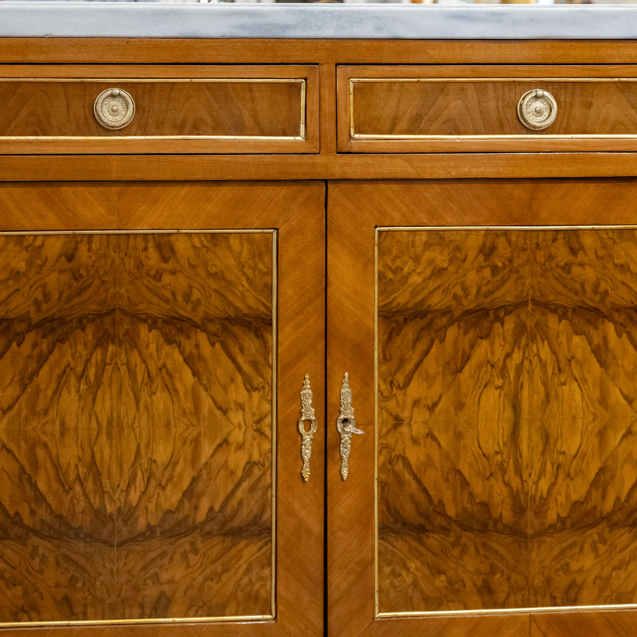 Louis XVI Paneled Burl Wood Demilune Sideboard With White Marble Top - Image 4