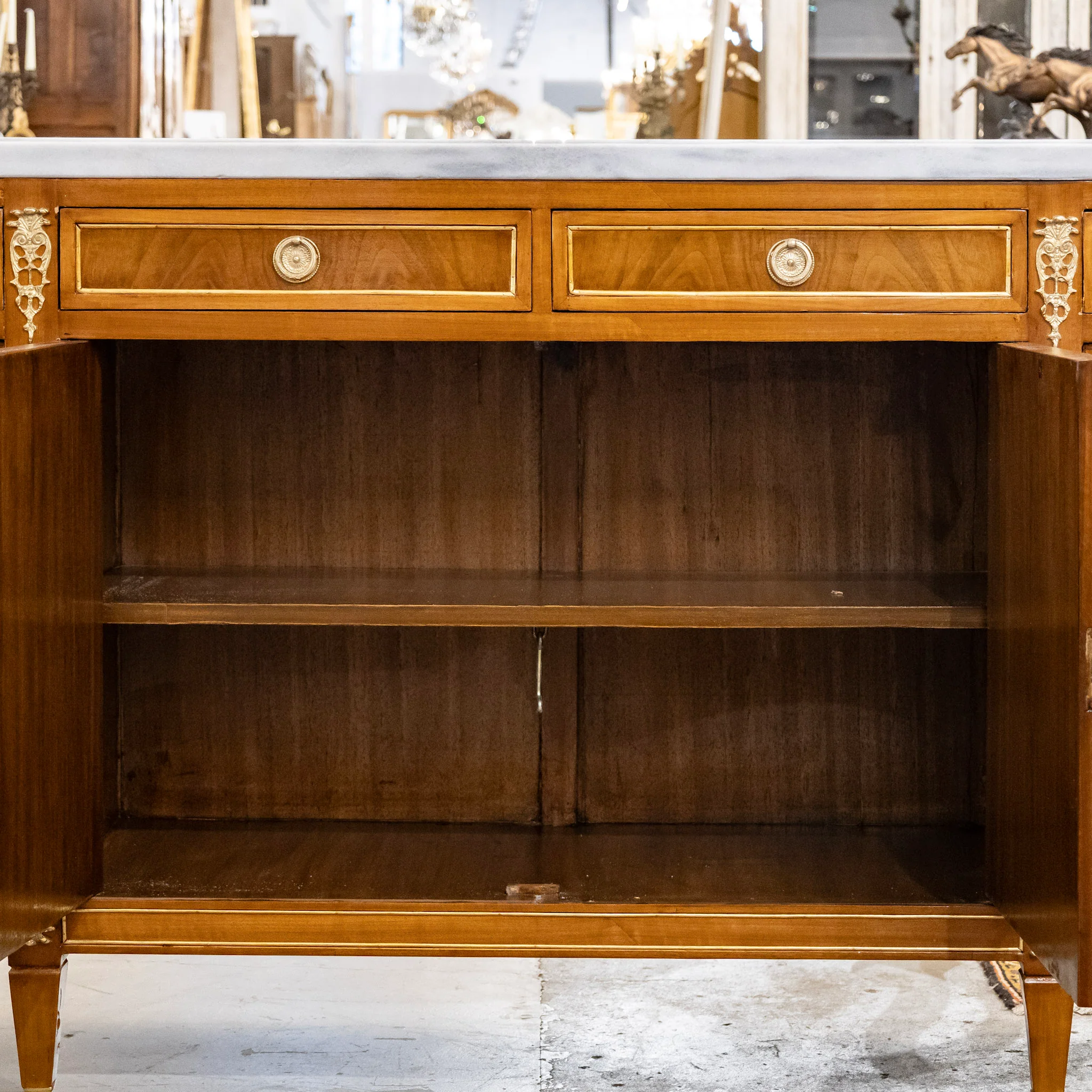 Louis XVI Paneled Burl Wood Demilune Sideboard With White Marble Top - Image 5