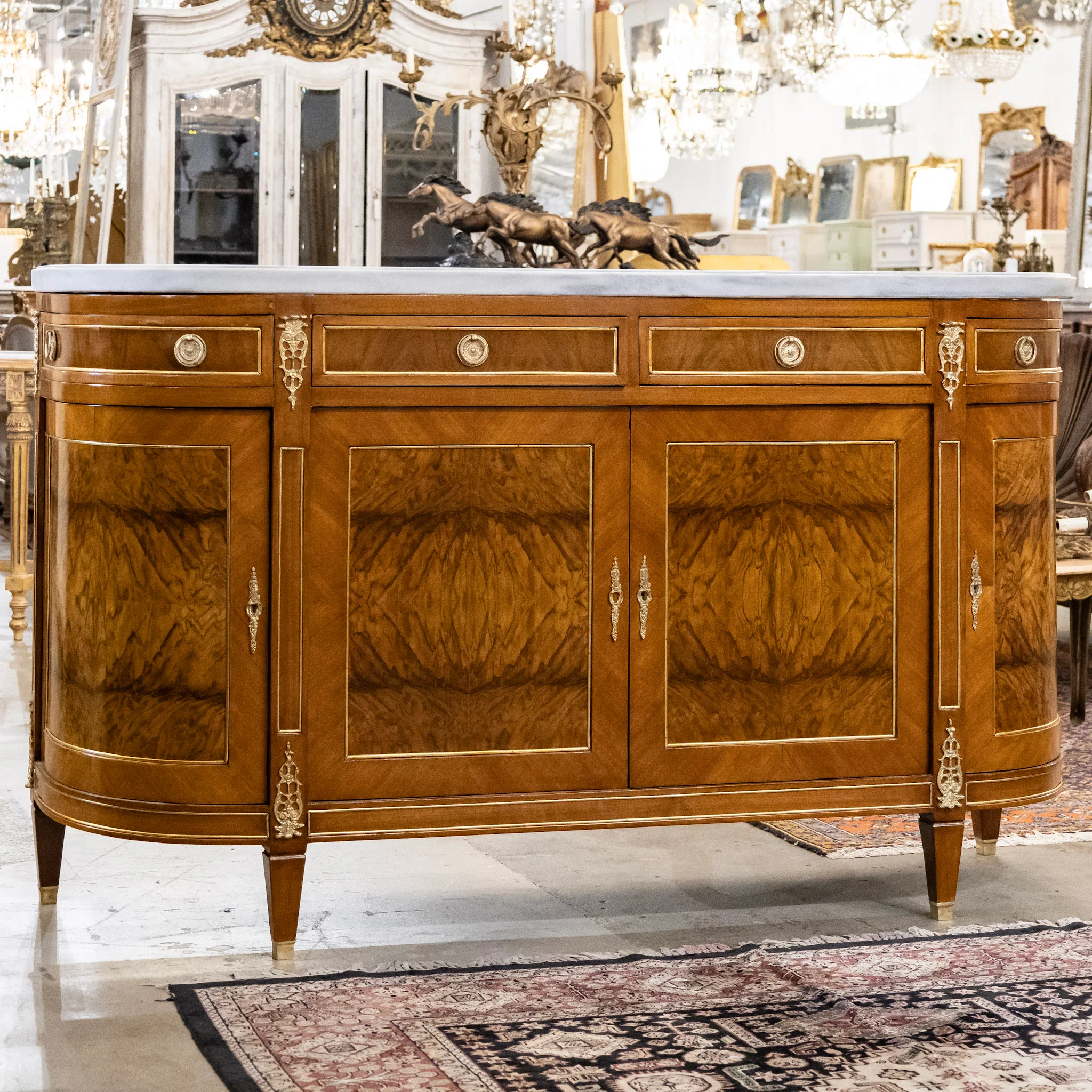 Louis XVI Paneled Burl Wood Demilune Sideboard With White Marble Top - Image 6