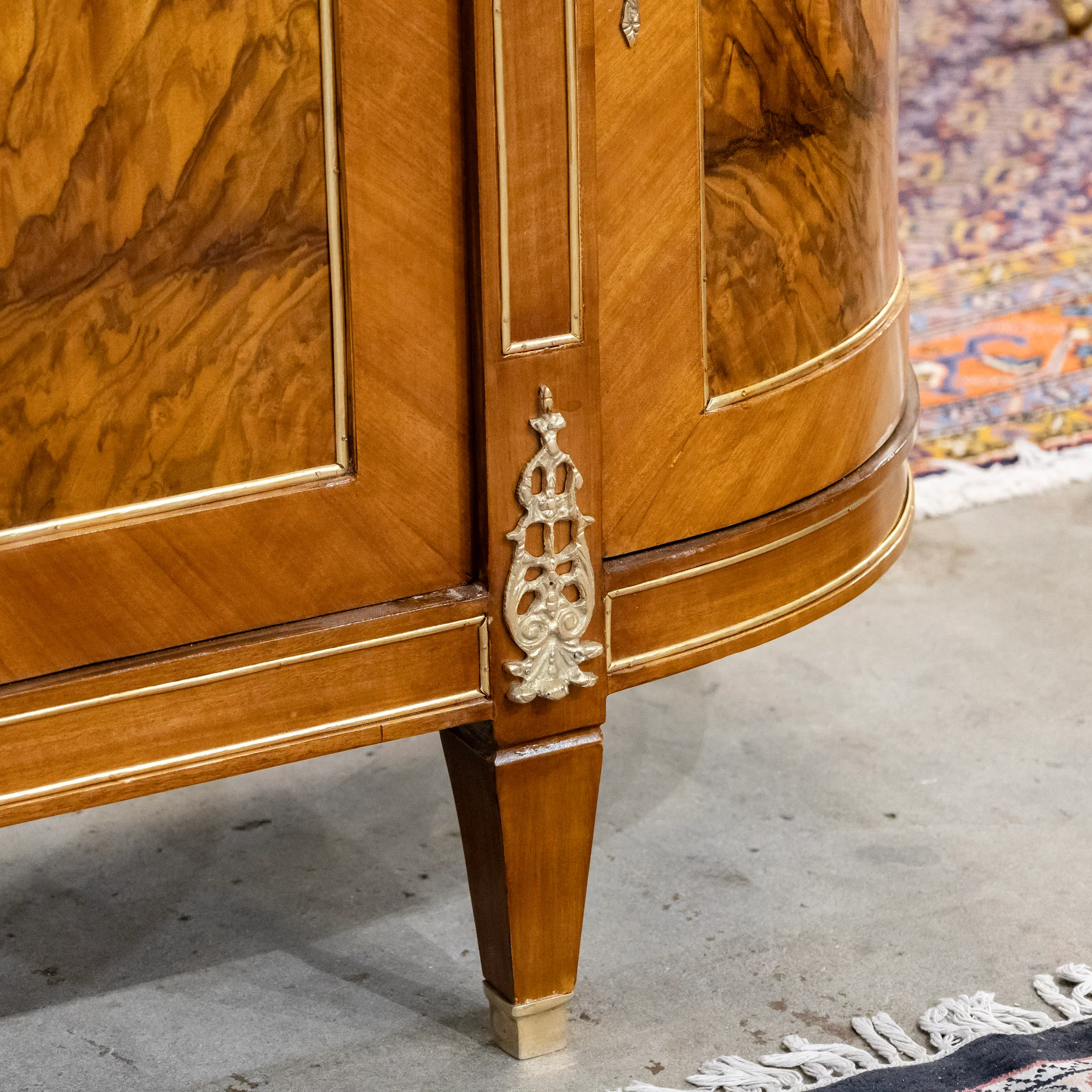 Louis XVI Paneled Burl Wood Demilune Sideboard With White Marble Top - Image 8