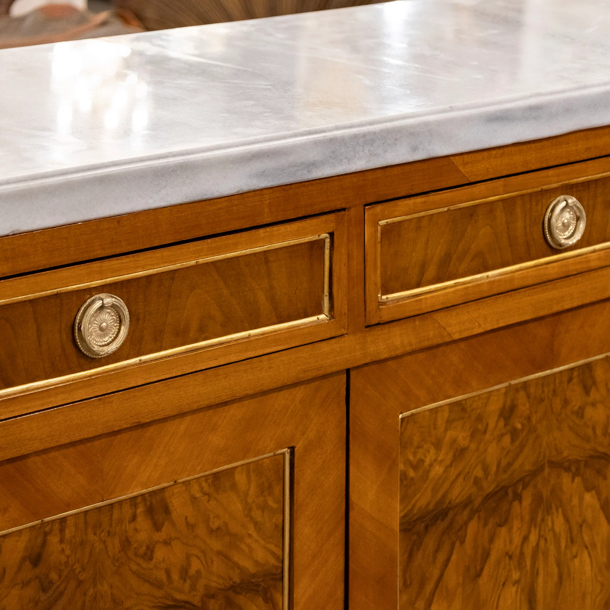 Louis XVI Paneled Burl Wood Demilune Sideboard With White Marble Top - Image 9