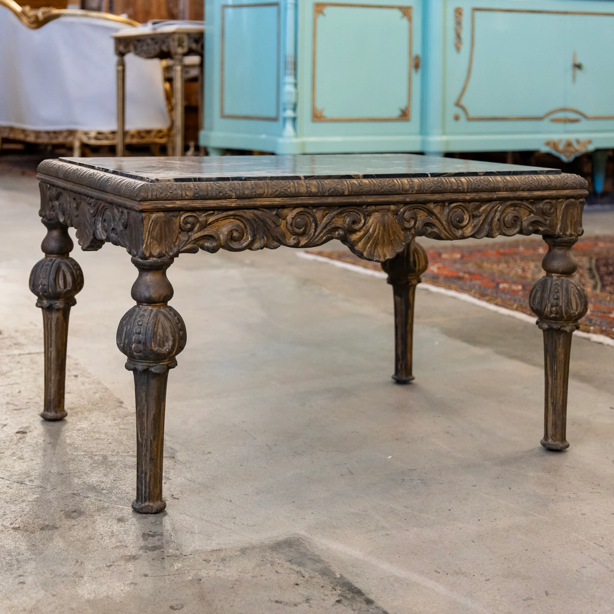Louis XVI Petite Coffee Table – Dark Brass Frame & Black Marble Top