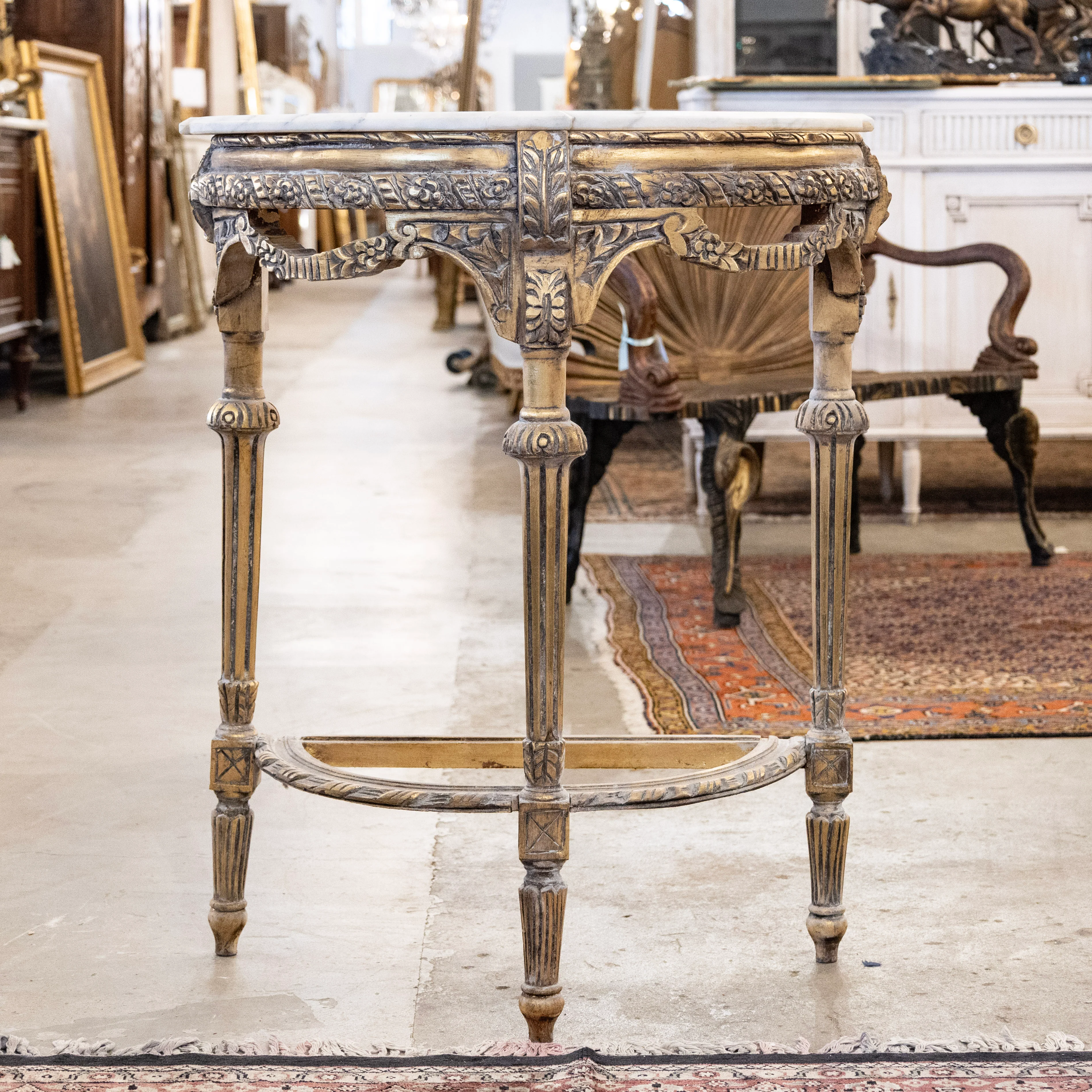 Louis XVI Petite Demilune Console – Gilded Ornate Carved Trim with White Marble Top