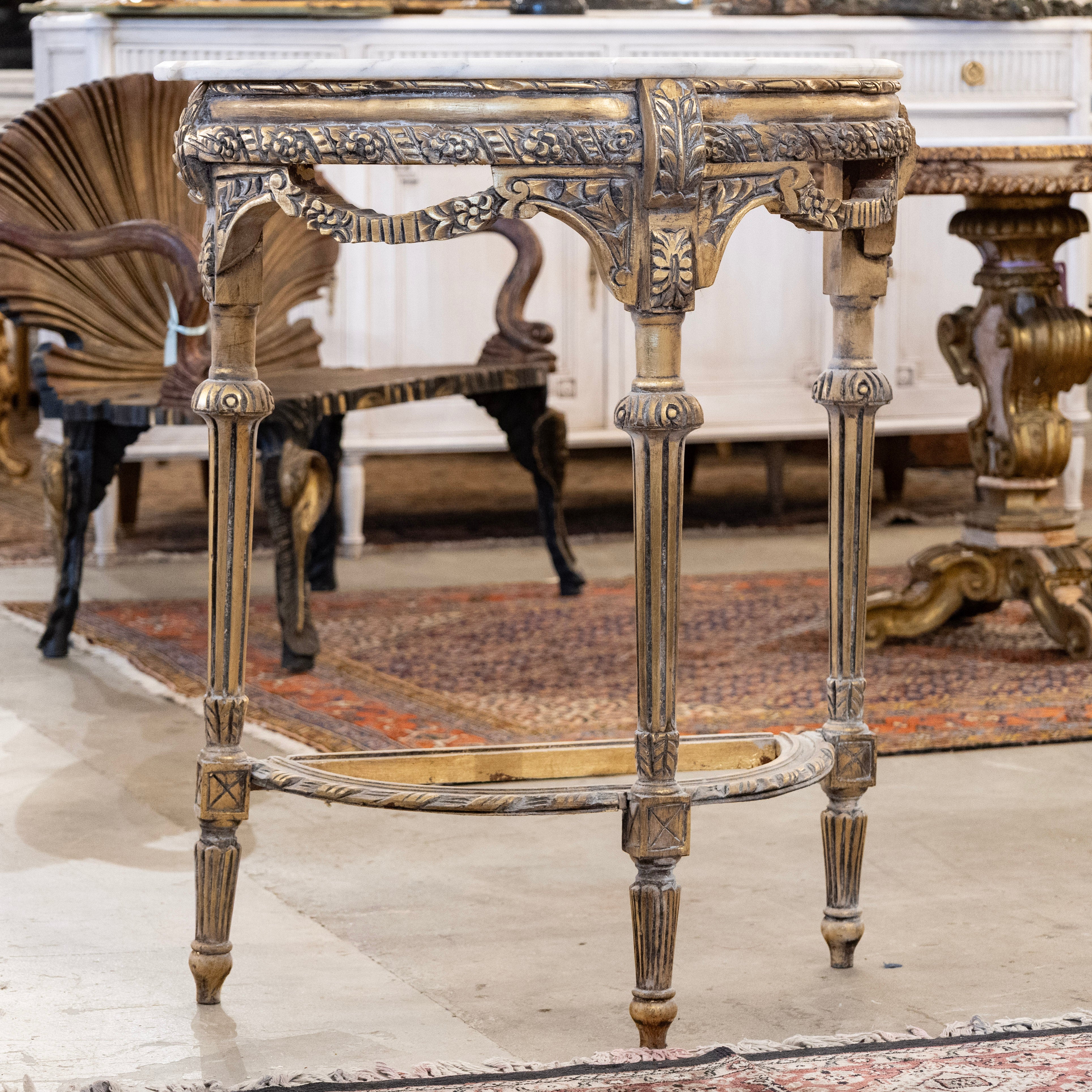 Louis XVI Petite Demilune Console – Gilded Ornate Carved Trim with White Marble Top - Image 2
