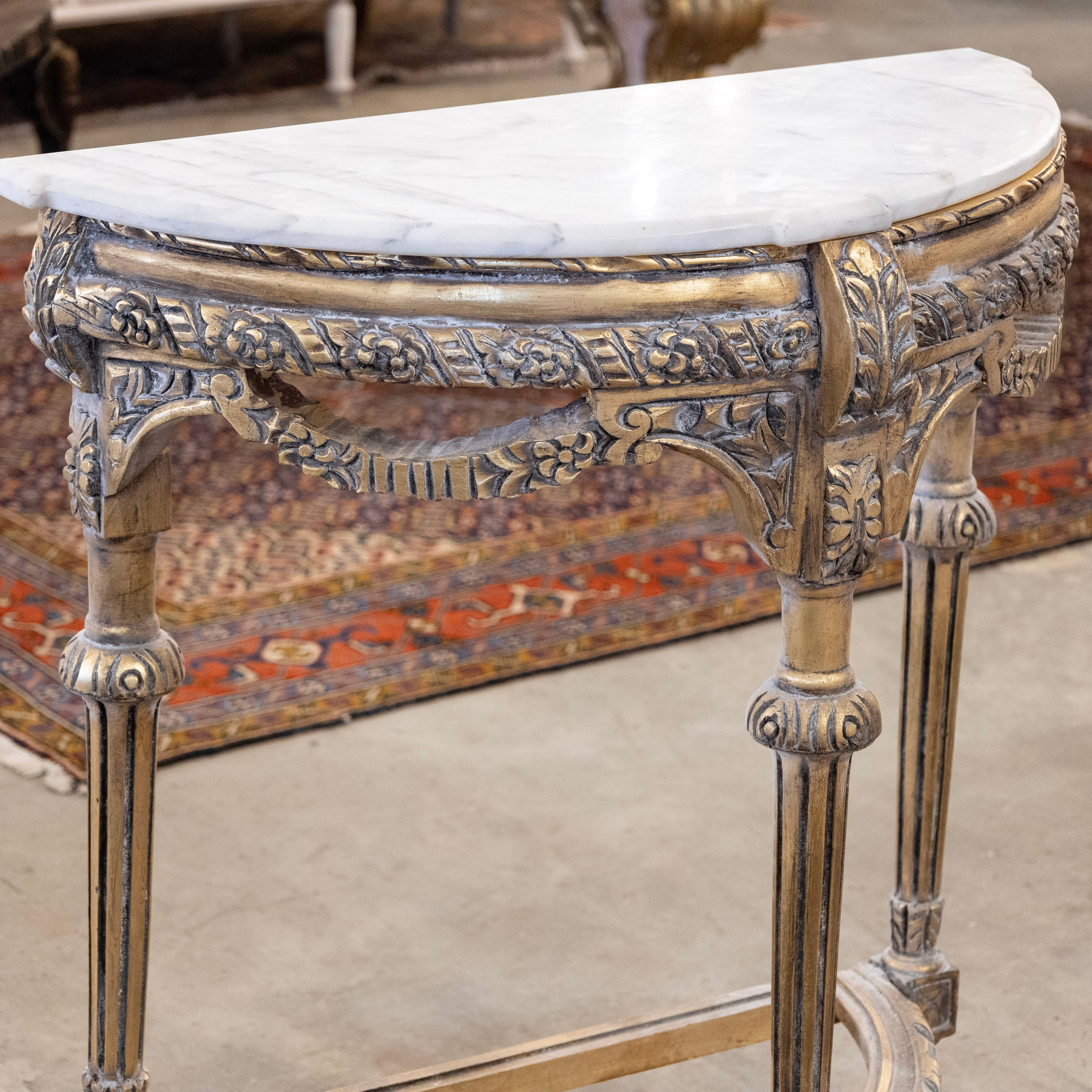 Louis XVI Petite Demilune Console – Gilded Ornate Carved Trim with White Marble Top - Image 3