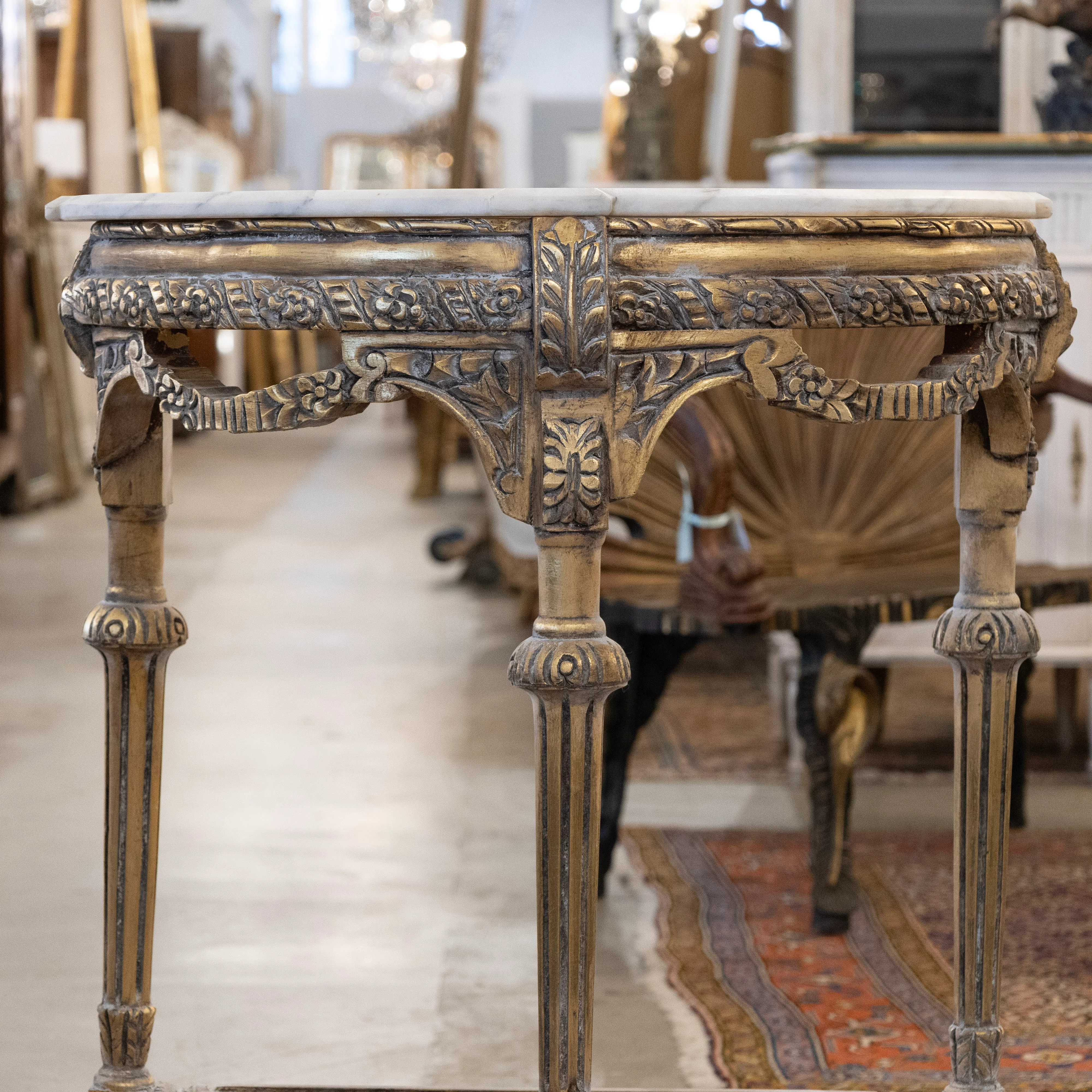 Louis XVI Petite Demilune Console – Gilded Ornate Carved Trim with White Marble Top - Image 4