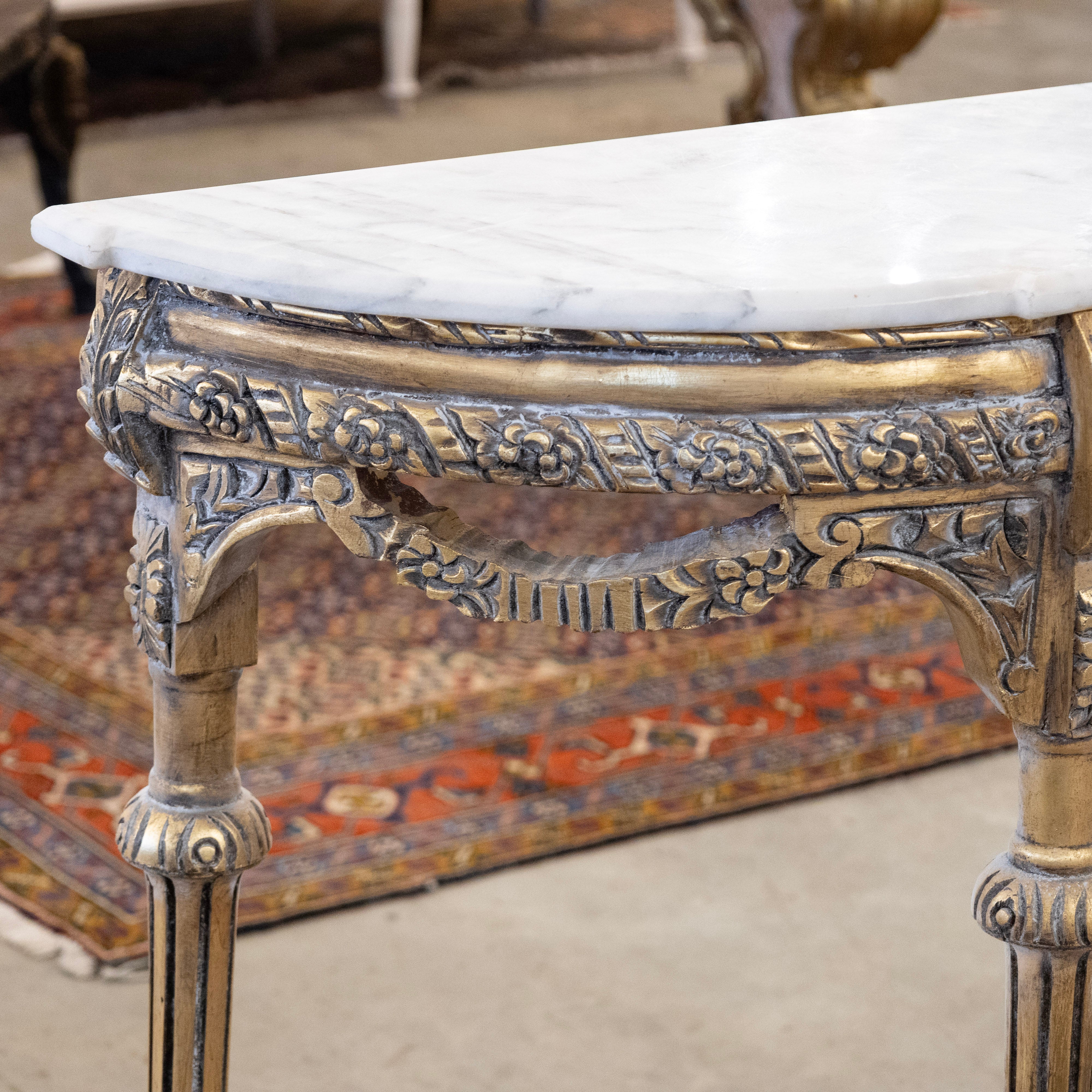 Louis XVI Petite Demilune Console – Gilded Ornate Carved Trim with White Marble Top - Image 5