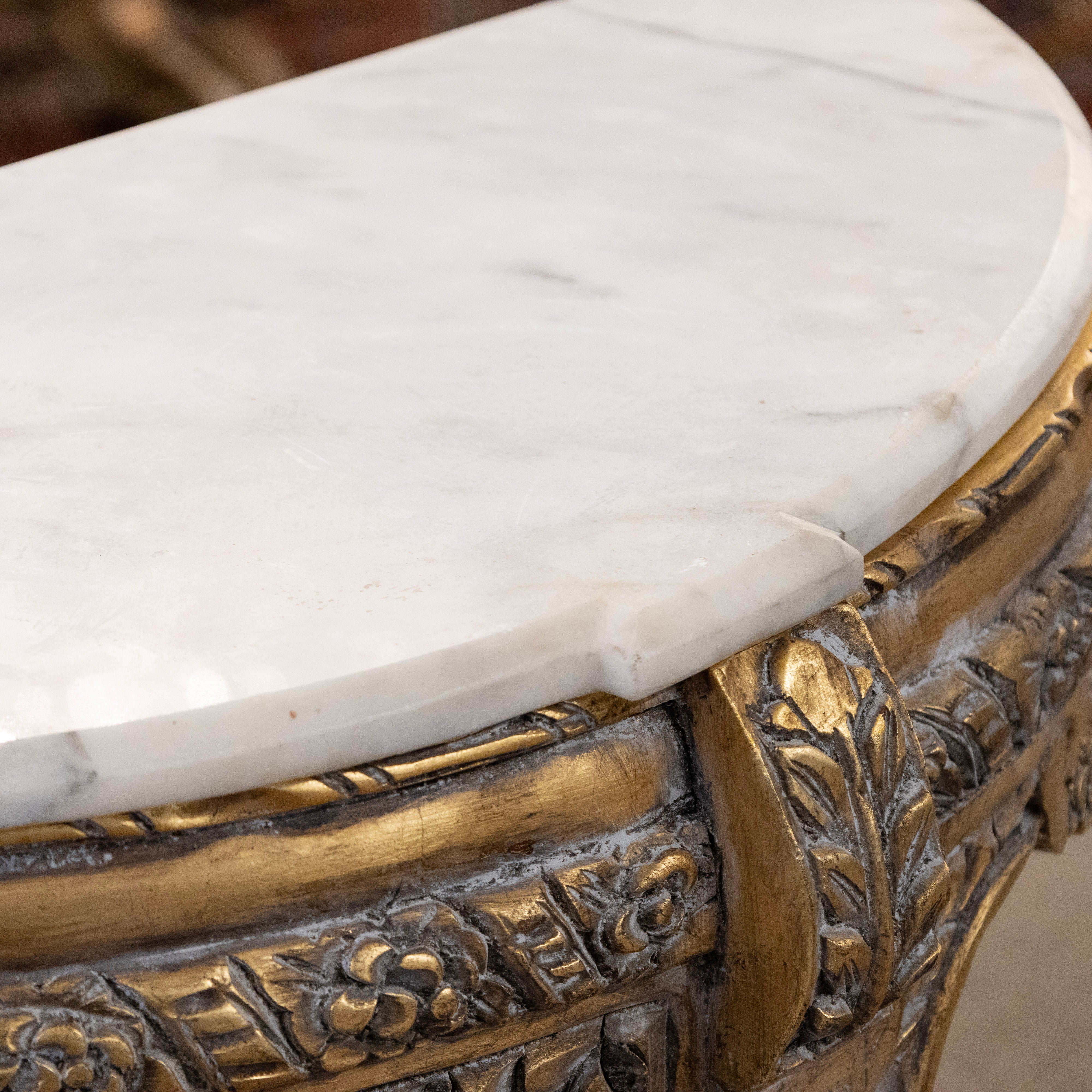 Louis XVI Petite Demilune Console – Gilded Ornate Carved Trim with White Marble Top - Image 6