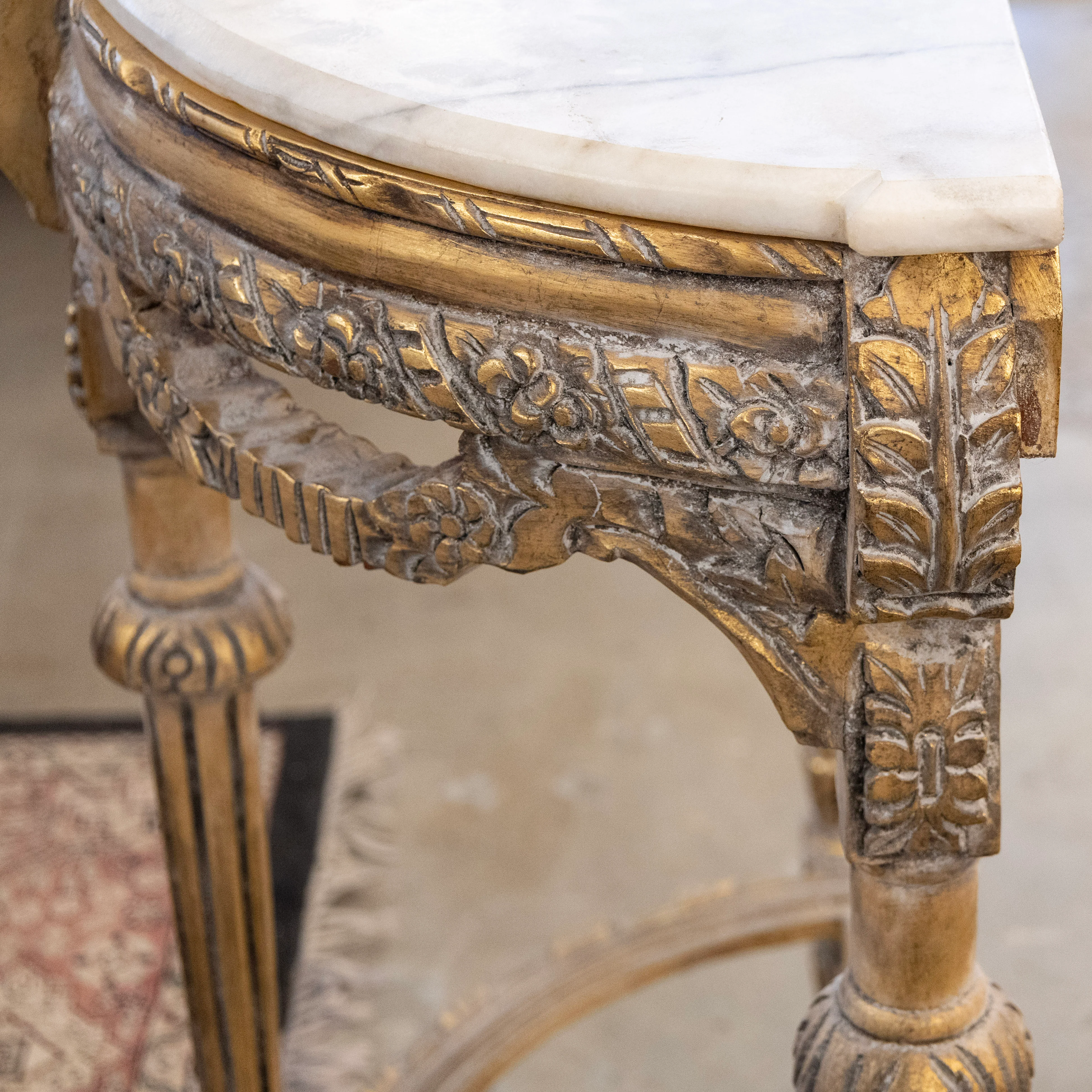 Louis XVI Petite Demilune Console – Gilded Ornate Carved Trim with White Marble Top - Image 9