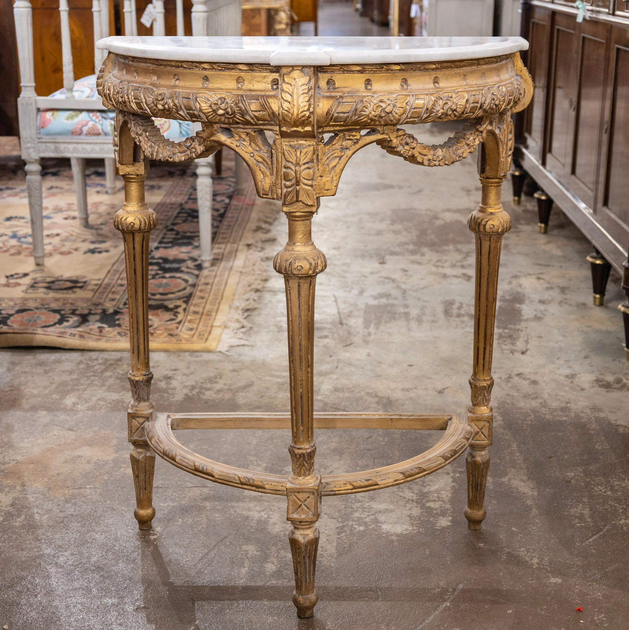 Louis XVI-Style Petite Gilded Demilune Console – Carved Detailing & White Marble Top