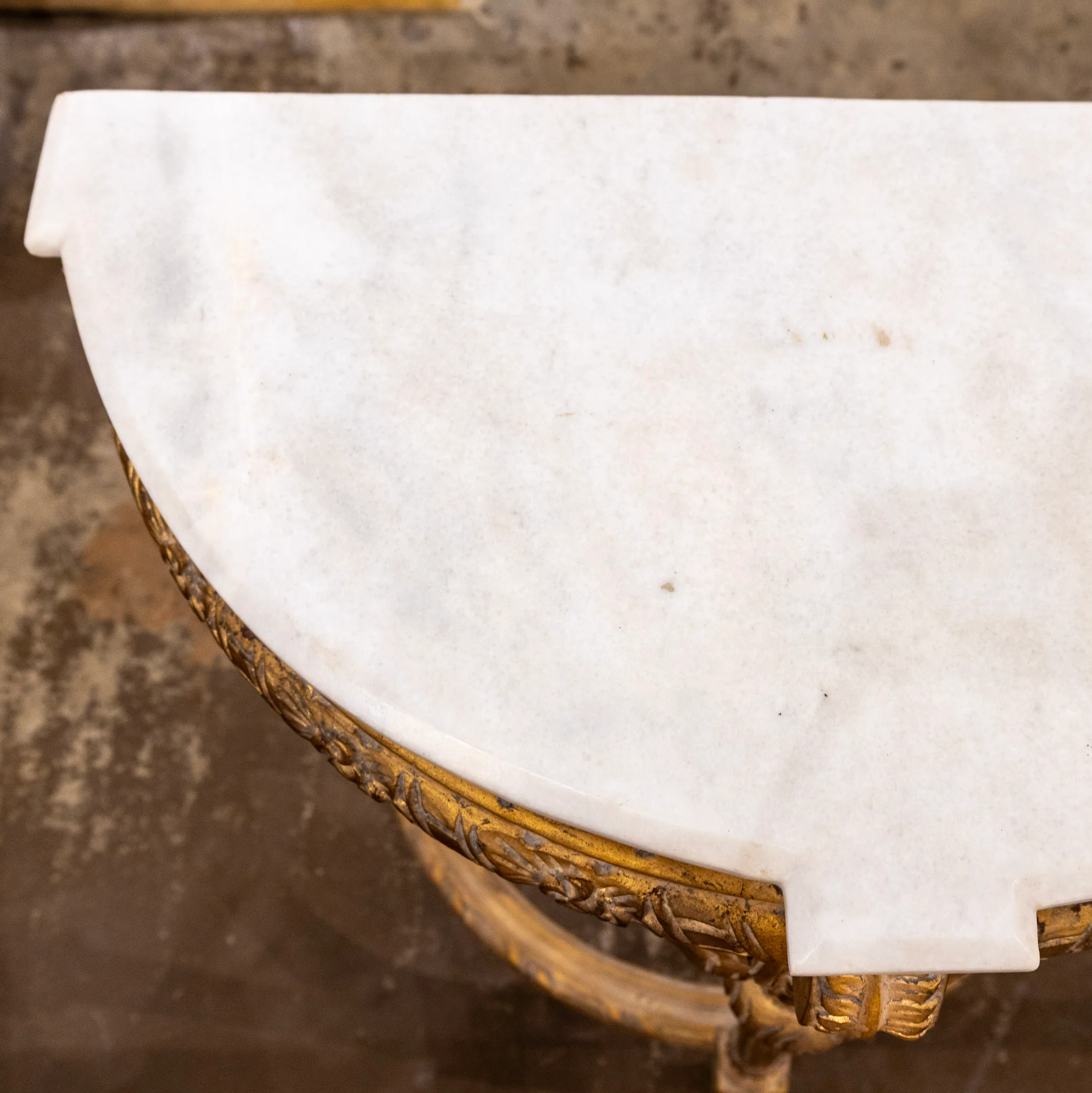 Louis XVI-Style Petite Gilded Demilune Console – Carved Detailing & White Marble Top - Image 6