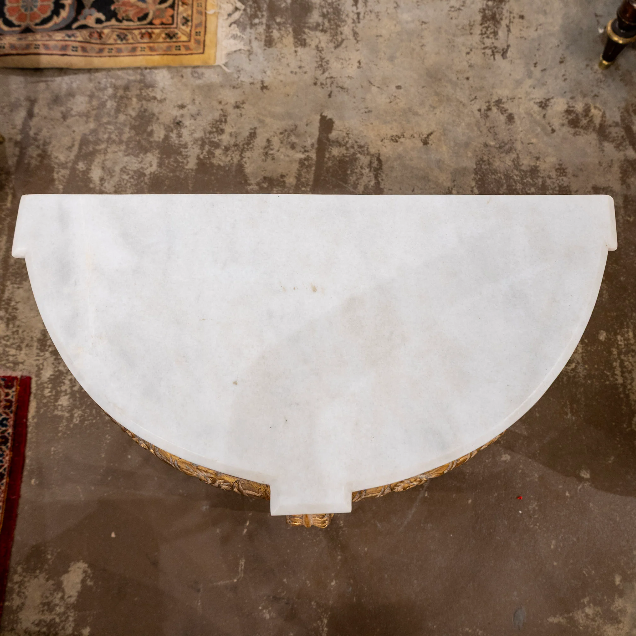 Louis XVI-Style Petite Gilded Demilune Console – Carved Detailing & White Marble Top - Image 7