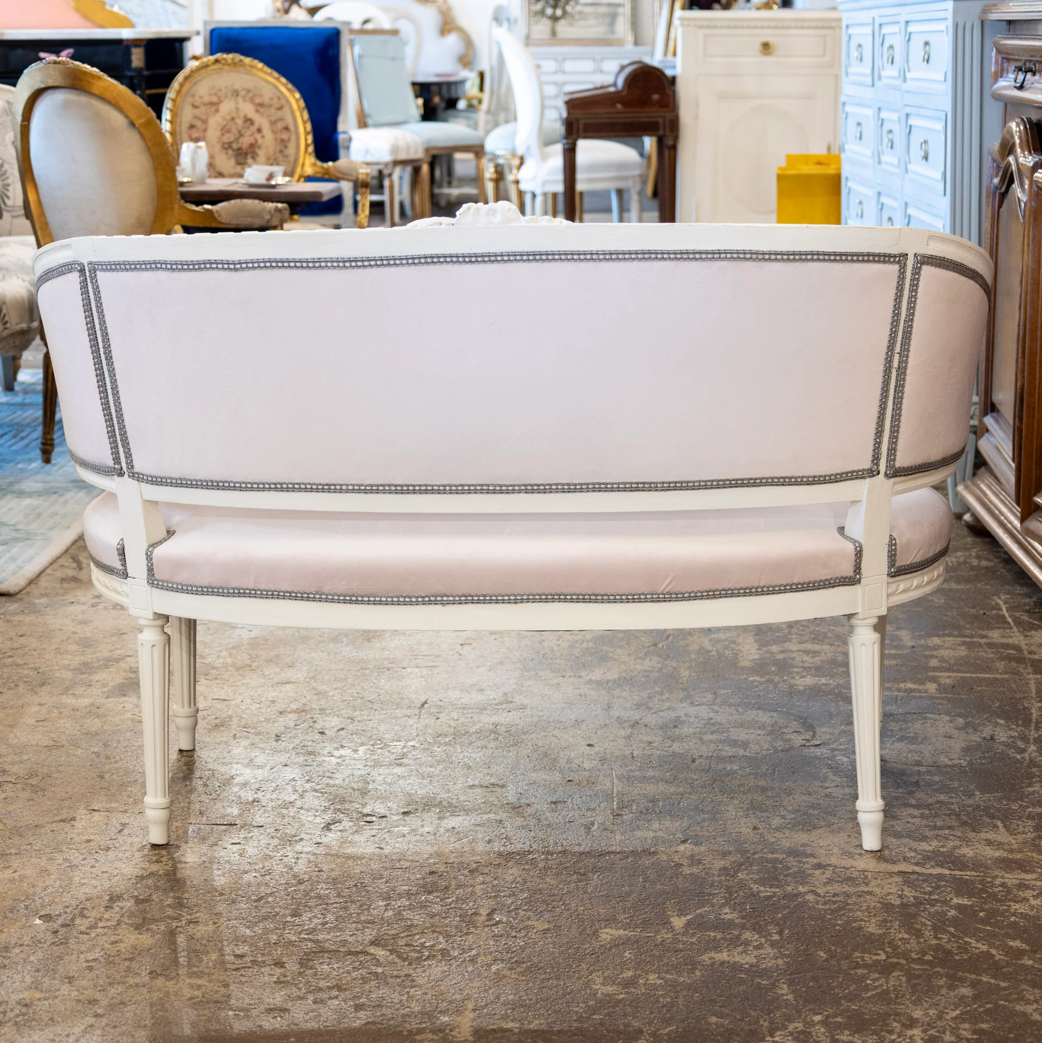 Louis XVI Petite Settee – White Frame & Baby Pink Velvet Upholstery - Image 6