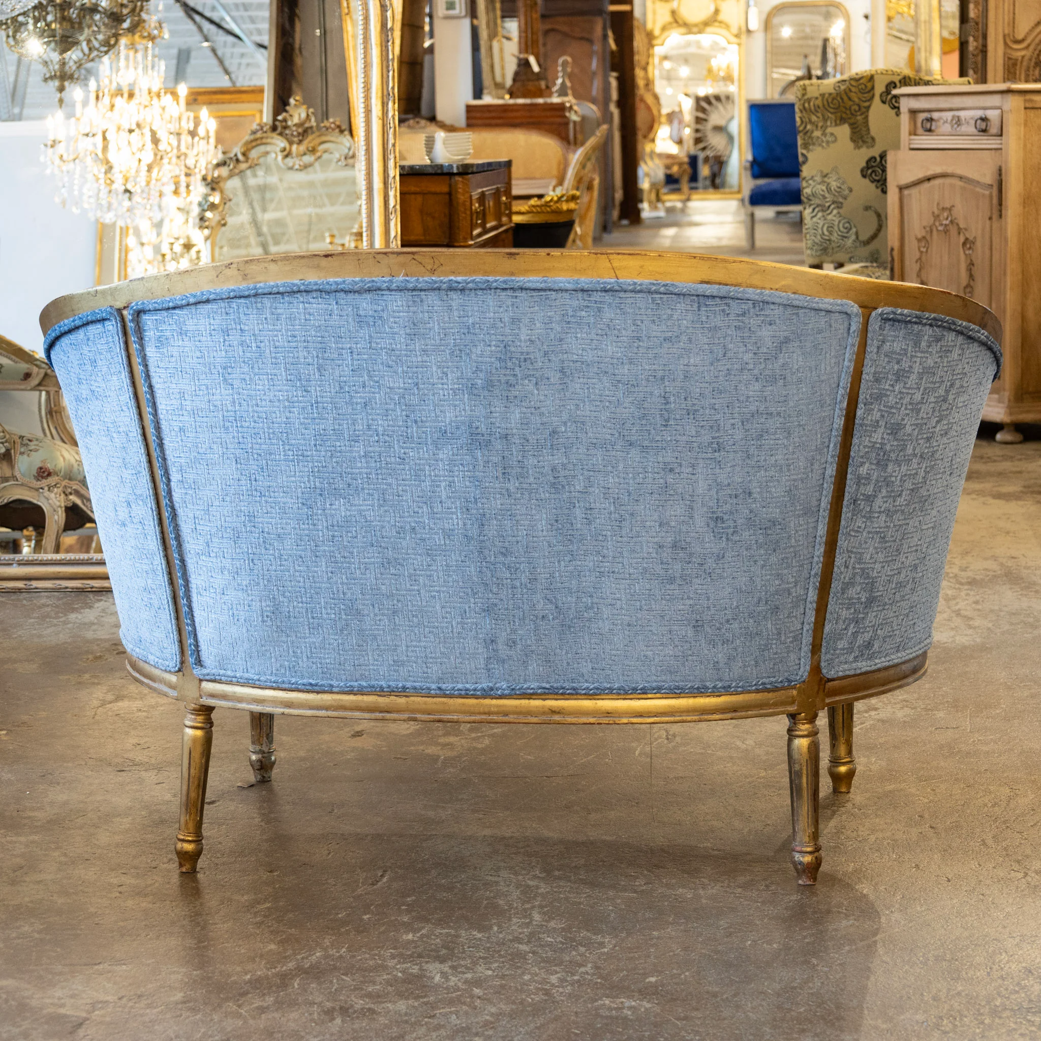 Louis XVI Round Settee – Gilded Frame & Greek Key Blue Velvet - Image 9