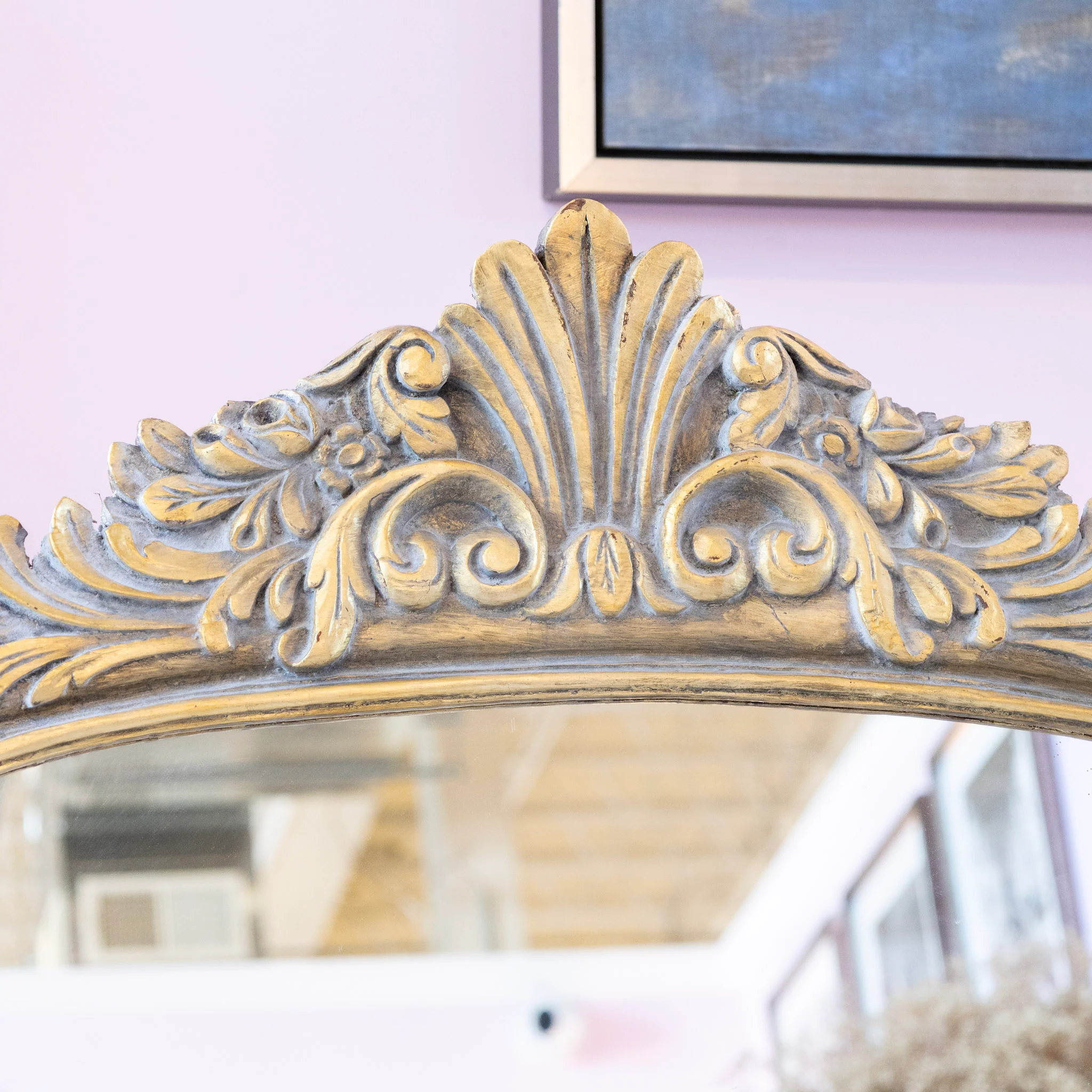 Louis XVI Rounded Gilded Mirror – Shell Crest & Fluted Trim - Image 3