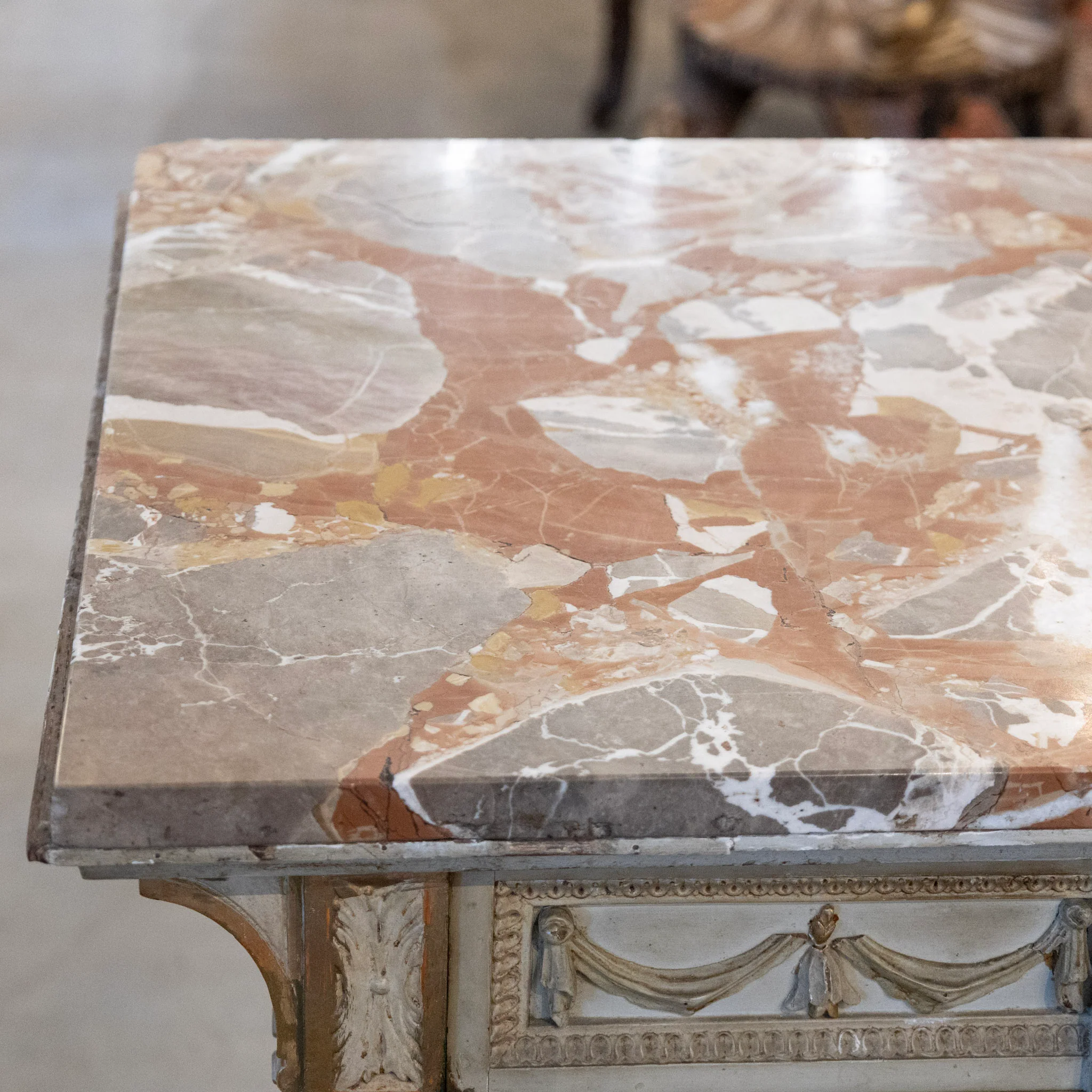 Louis XVI Sage Green Gilded Cabinet – Musical Ribbon Carvings & Breccia Marble Top - Image 12