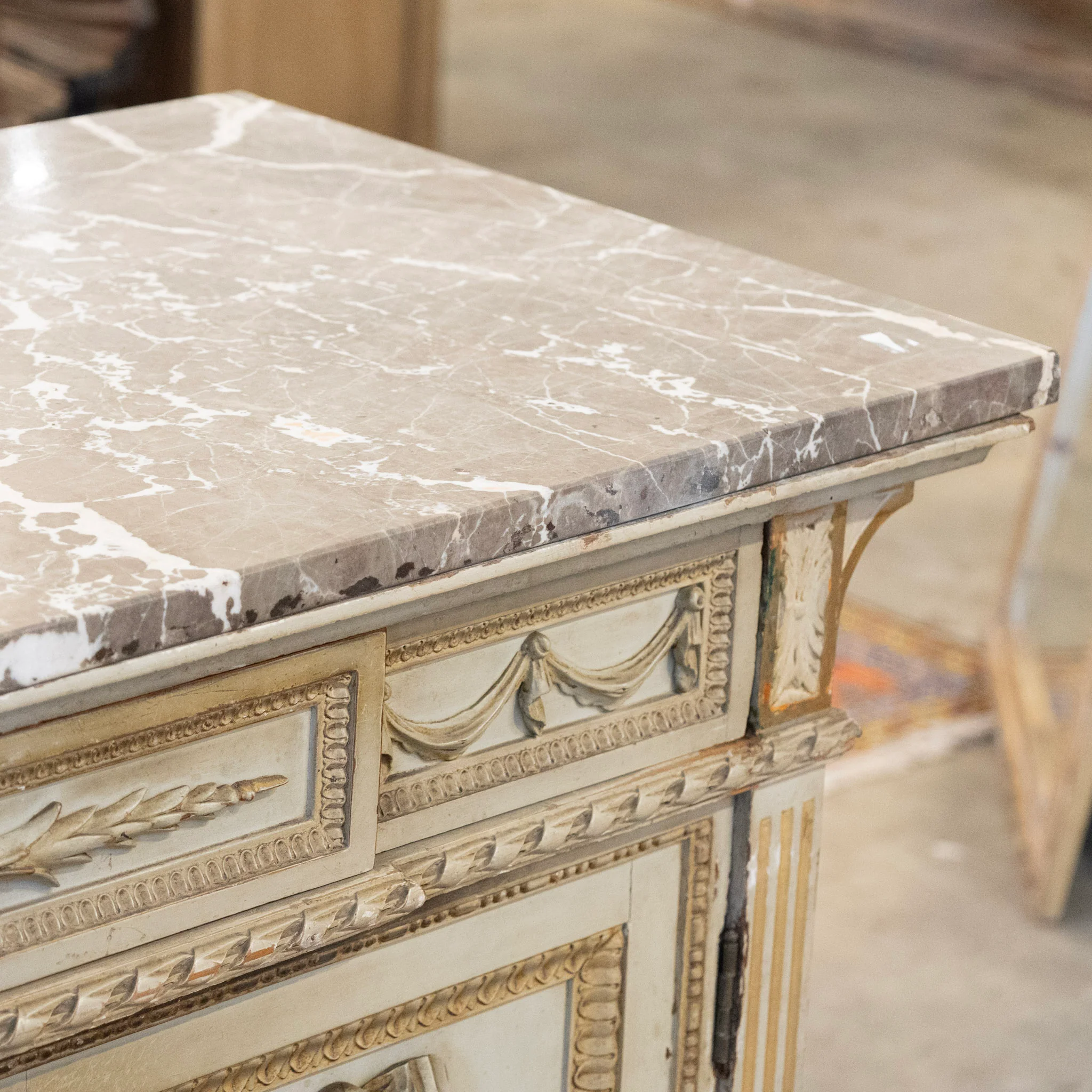 Louis XVI Sage Green Gilded Cabinet – Musical Ribbon Carvings & Breccia Marble Top - Image 13