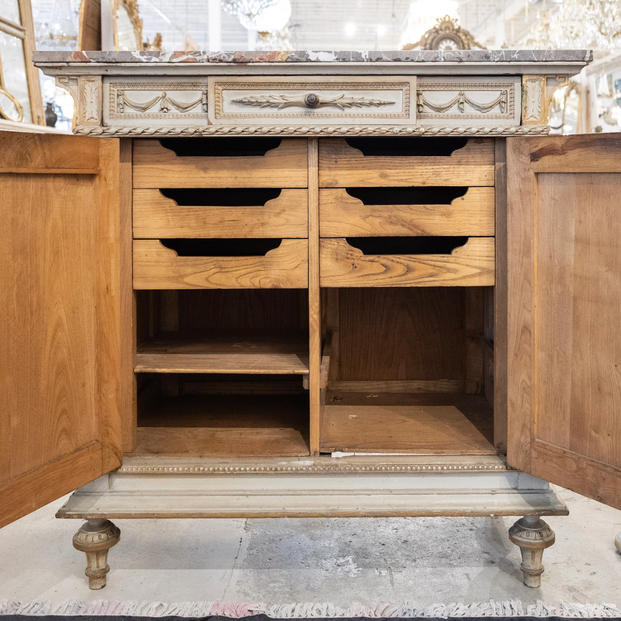 Louis XVI Sage Green Gilded Cabinet – Musical Ribbon Carvings & Breccia Marble Top - Image 5