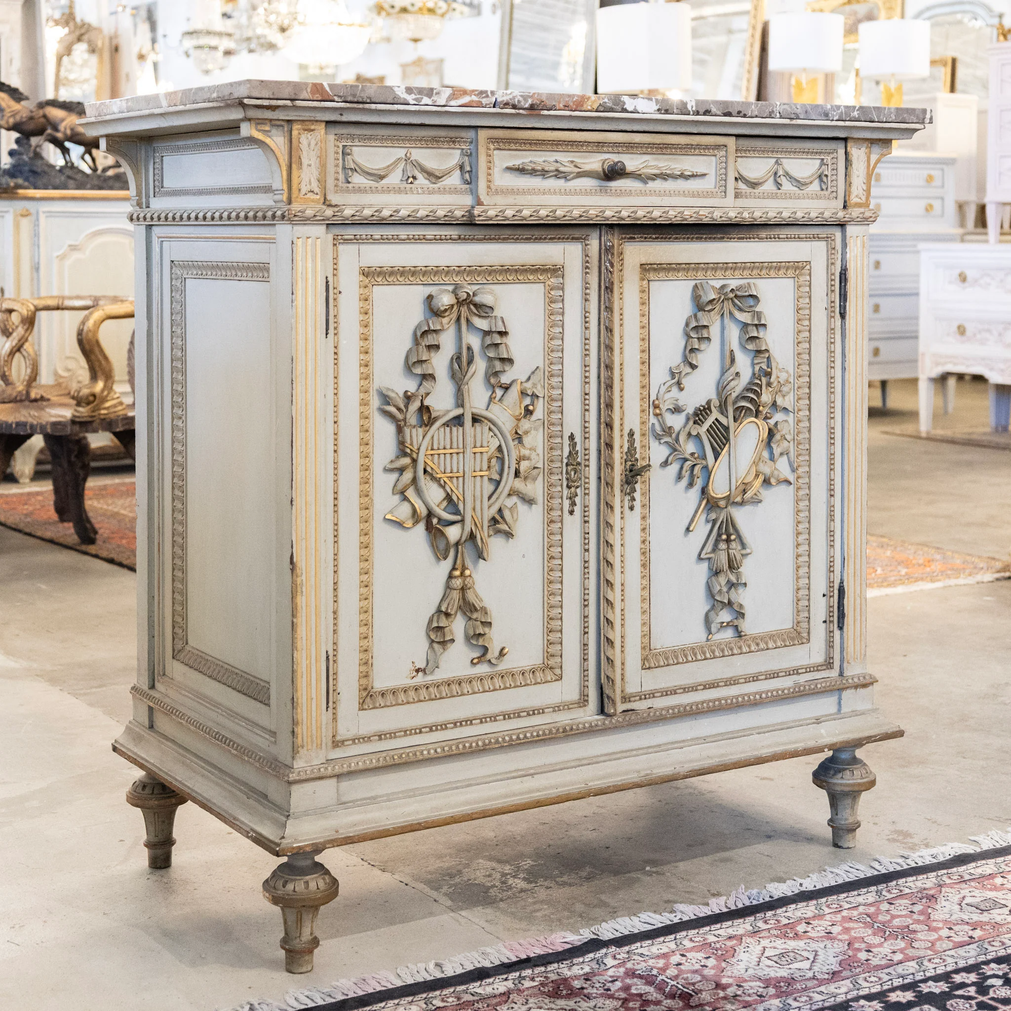 Louis XVI Sage Green Gilded Cabinet – Musical Ribbon Carvings & Breccia Marble Top - Image 6