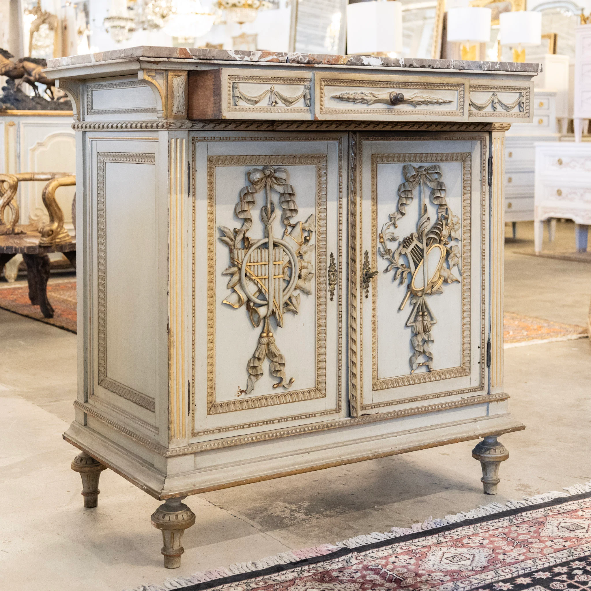 Louis XVI Sage Green Gilded Cabinet – Musical Ribbon Carvings & Breccia Marble Top - Image 7