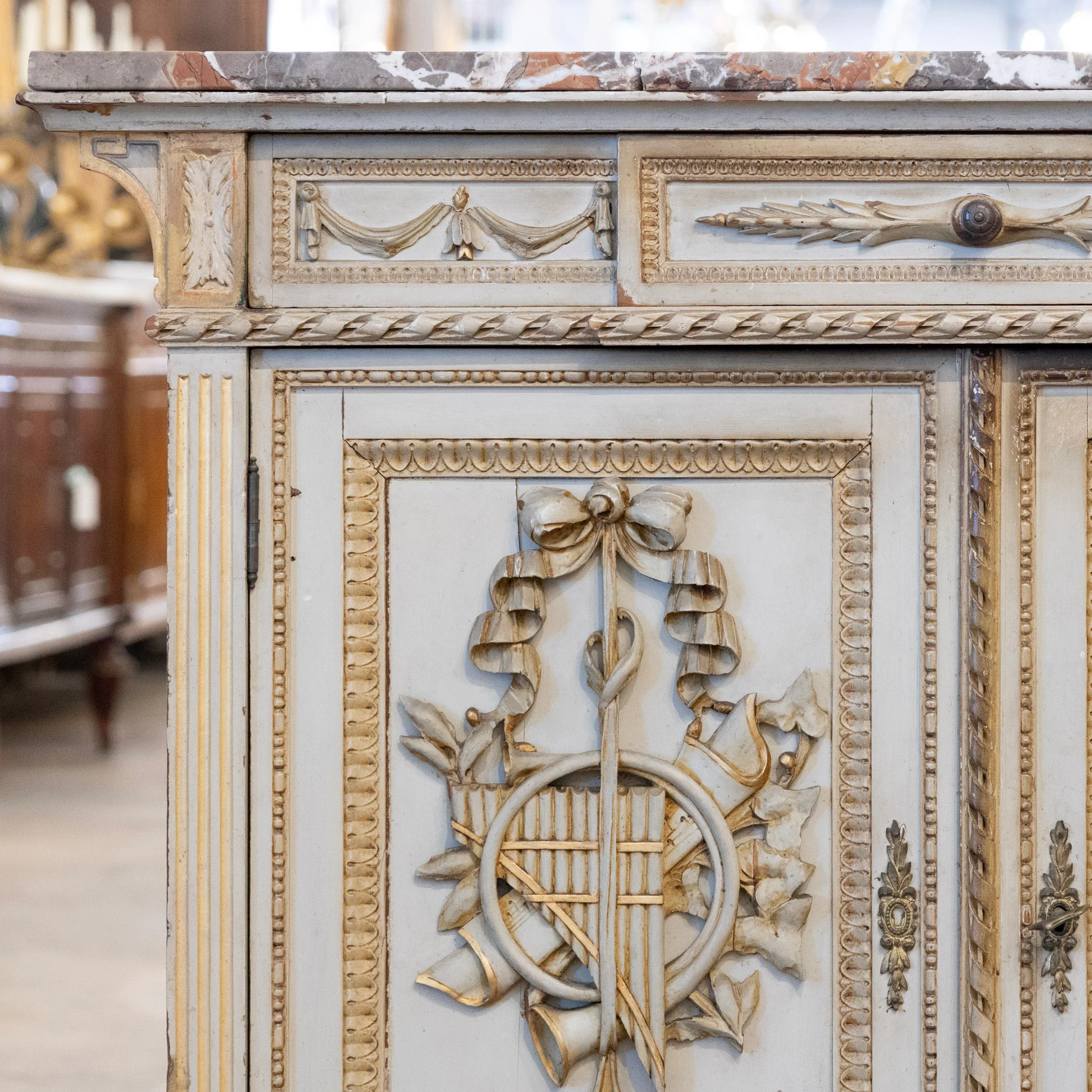 Louis XVI Sage Green Gilded Cabinet – Musical Ribbon Carvings & Breccia Marble Top - Image 8