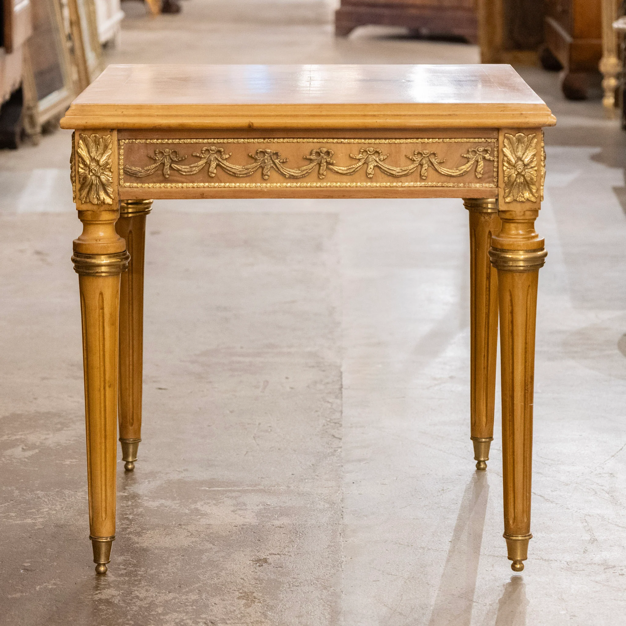 Louis XVI Side Table – Burl Wood with Brass Bow Trim