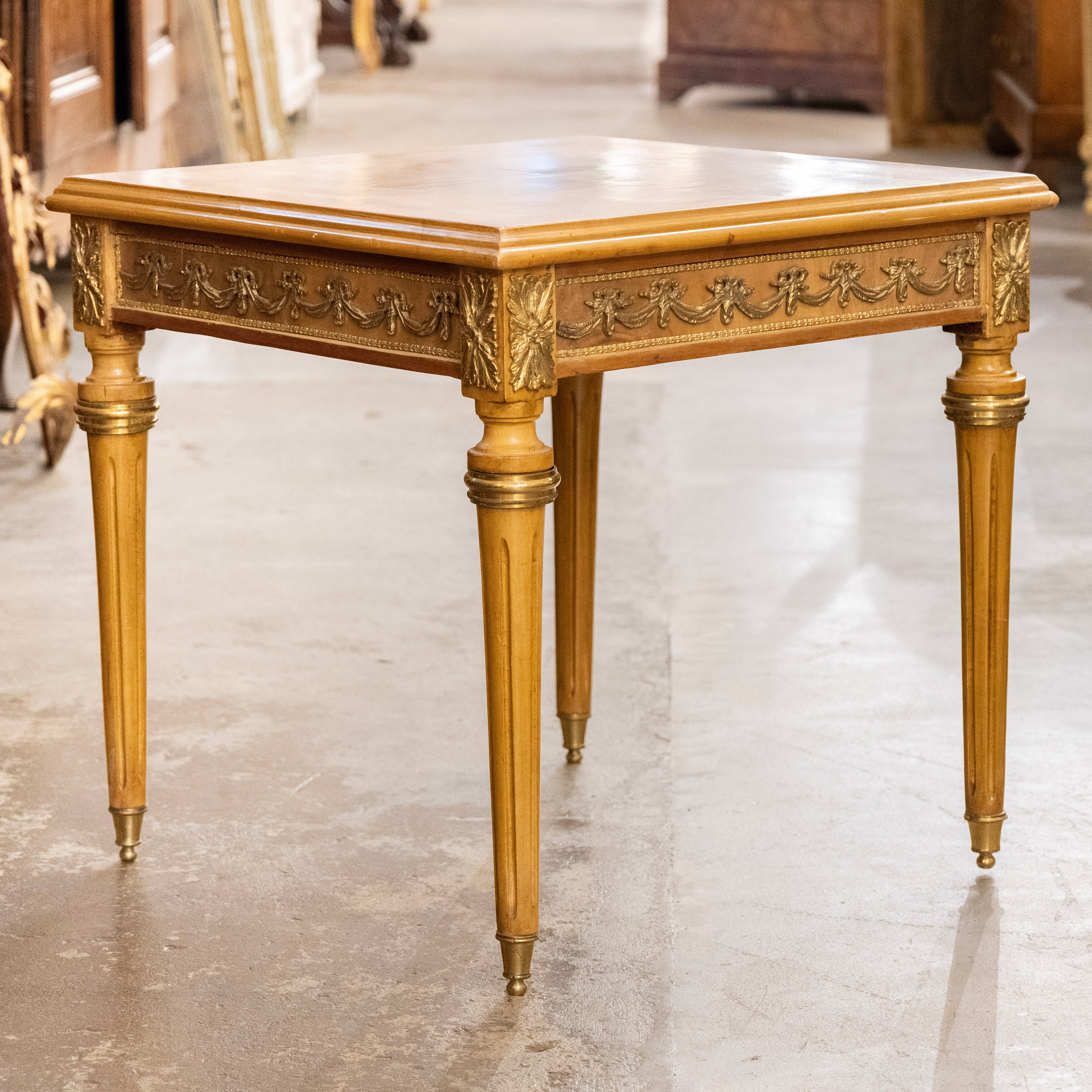 Louis XVI Side Table – Burl Wood with Brass Bow Trim - Image 2
