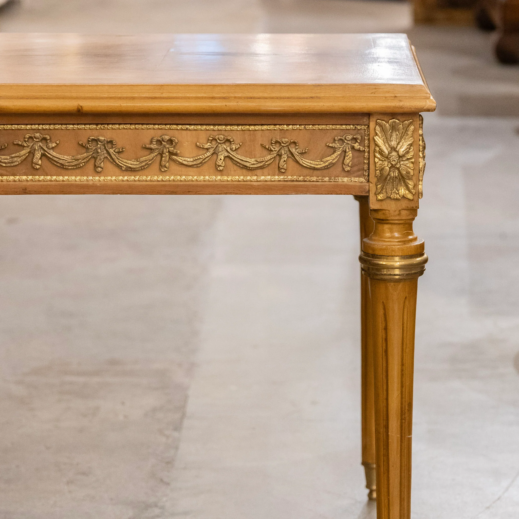 Louis XVI Side Table – Burl Wood with Brass Bow Trim - Image 3