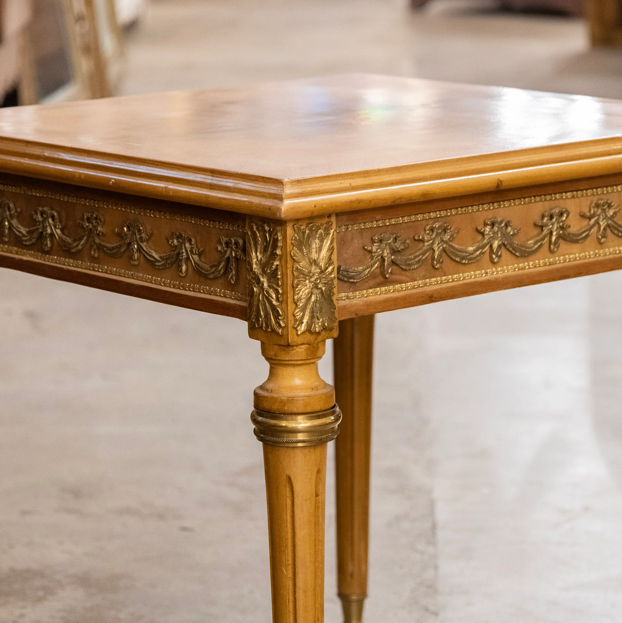 Louis XVI Side Table – Burl Wood with Brass Bow Trim - Image 5