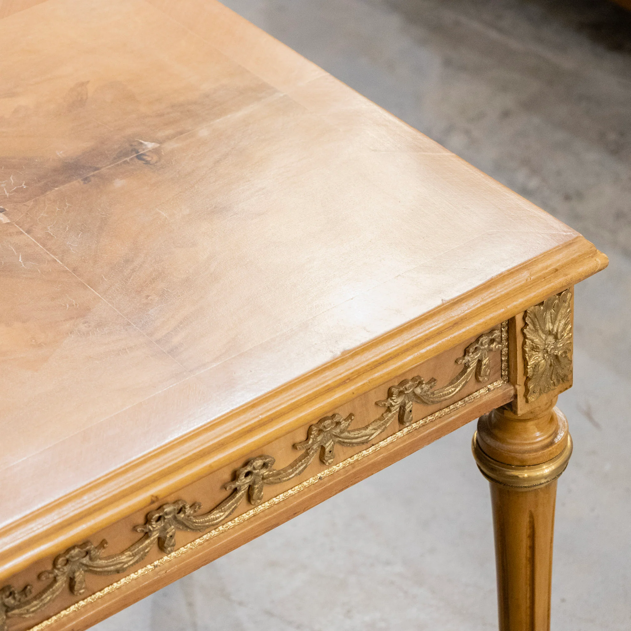 Louis XVI Side Table – Burl Wood with Brass Bow Trim - Image 6