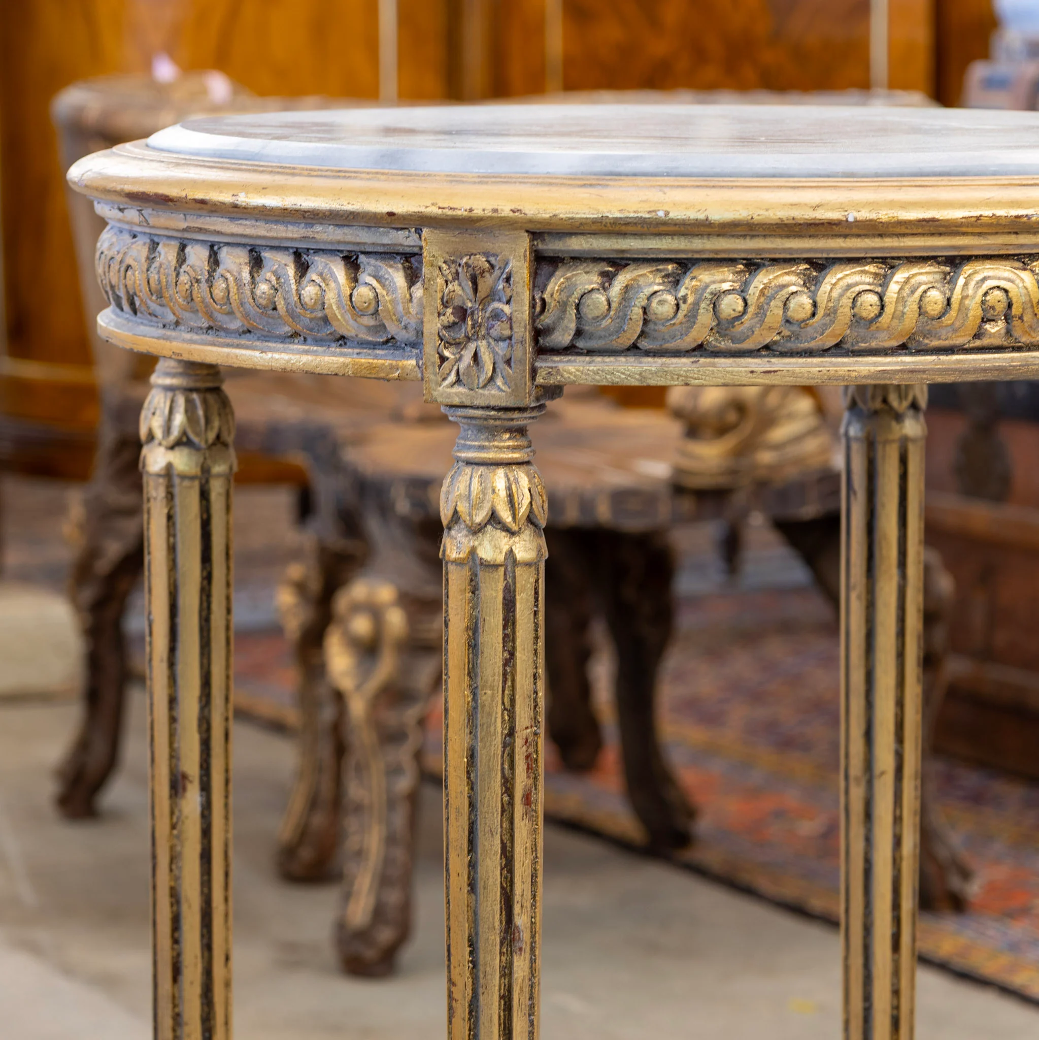 Louis XVI Side Table – Carved Trim & Dark Marble Top - Image 3