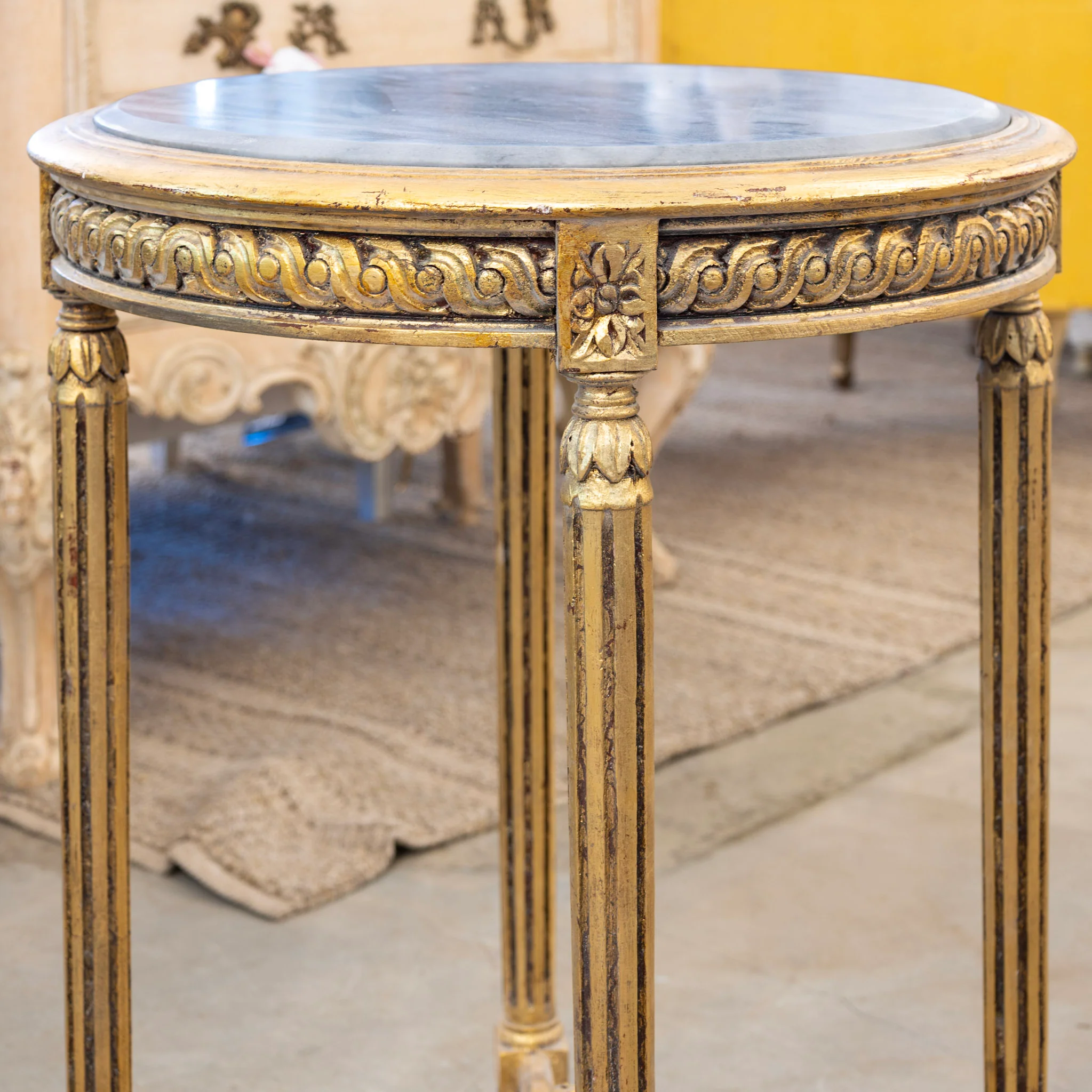 Louis XVI Side Table – Carved Trim & Dark Marble Top - Image 4