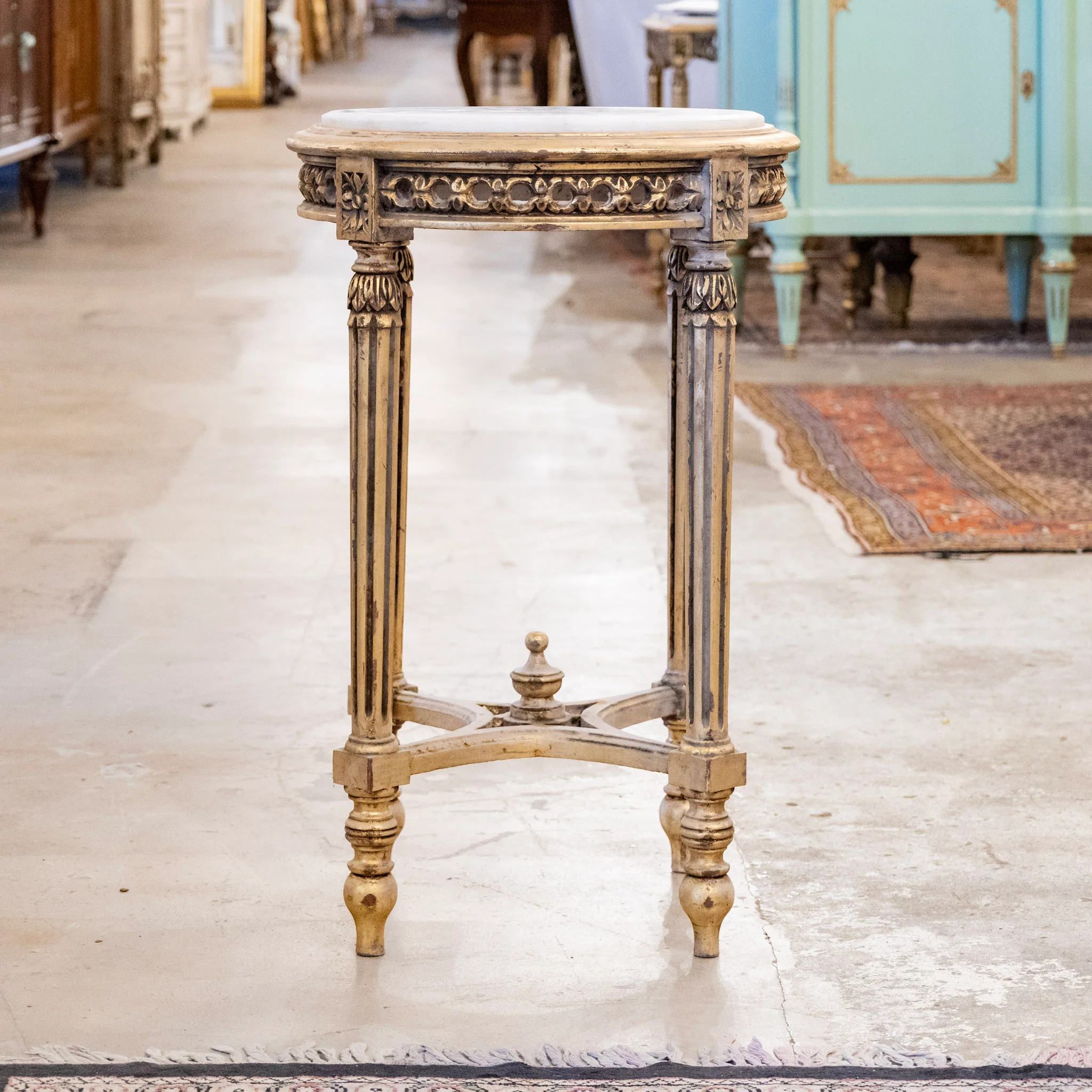 Louis XVI Side Table – Carved Trim & White Marble Top