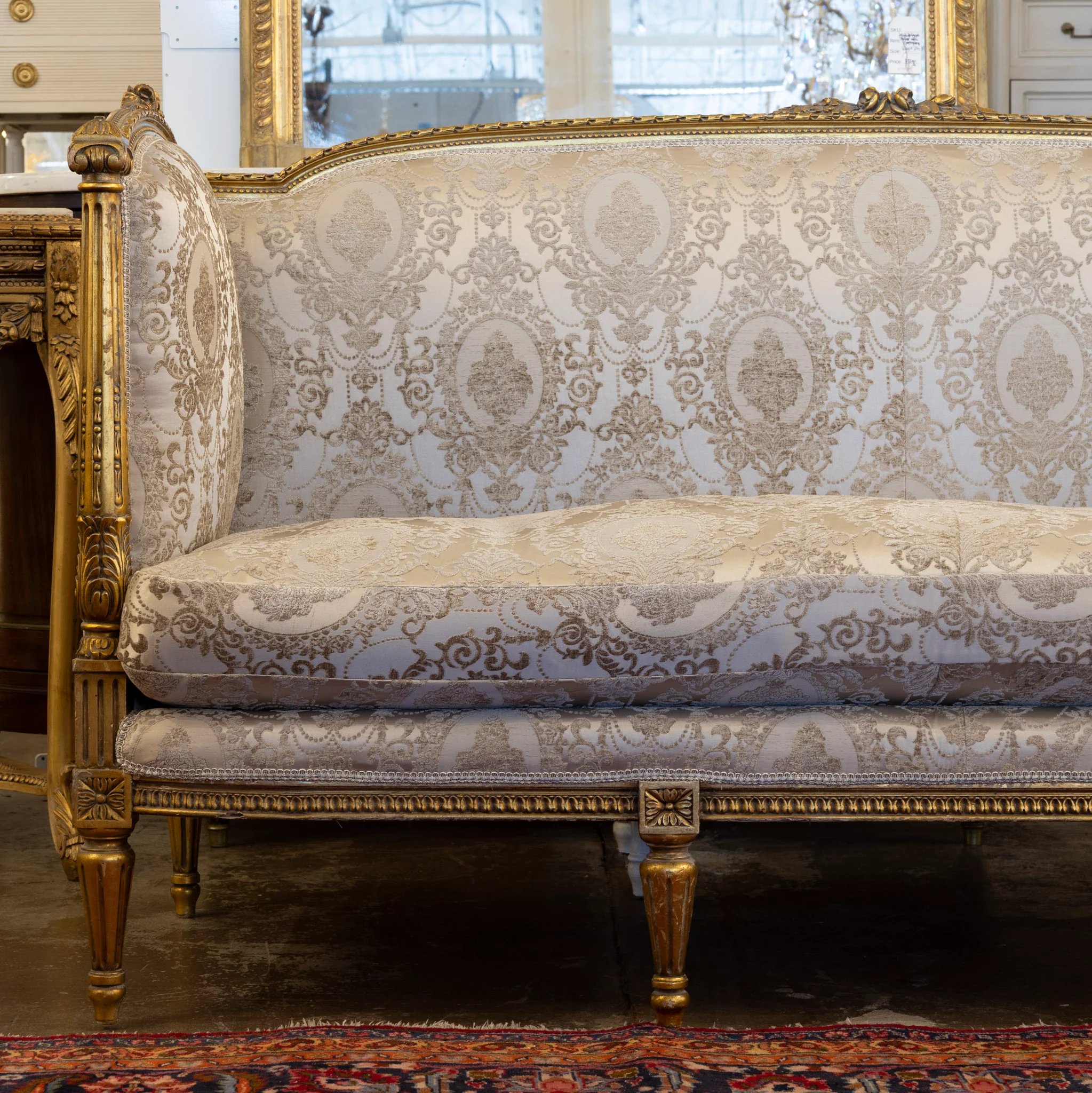Louis XVI Sofa – Gilded with Damask Upholstery - Image 2