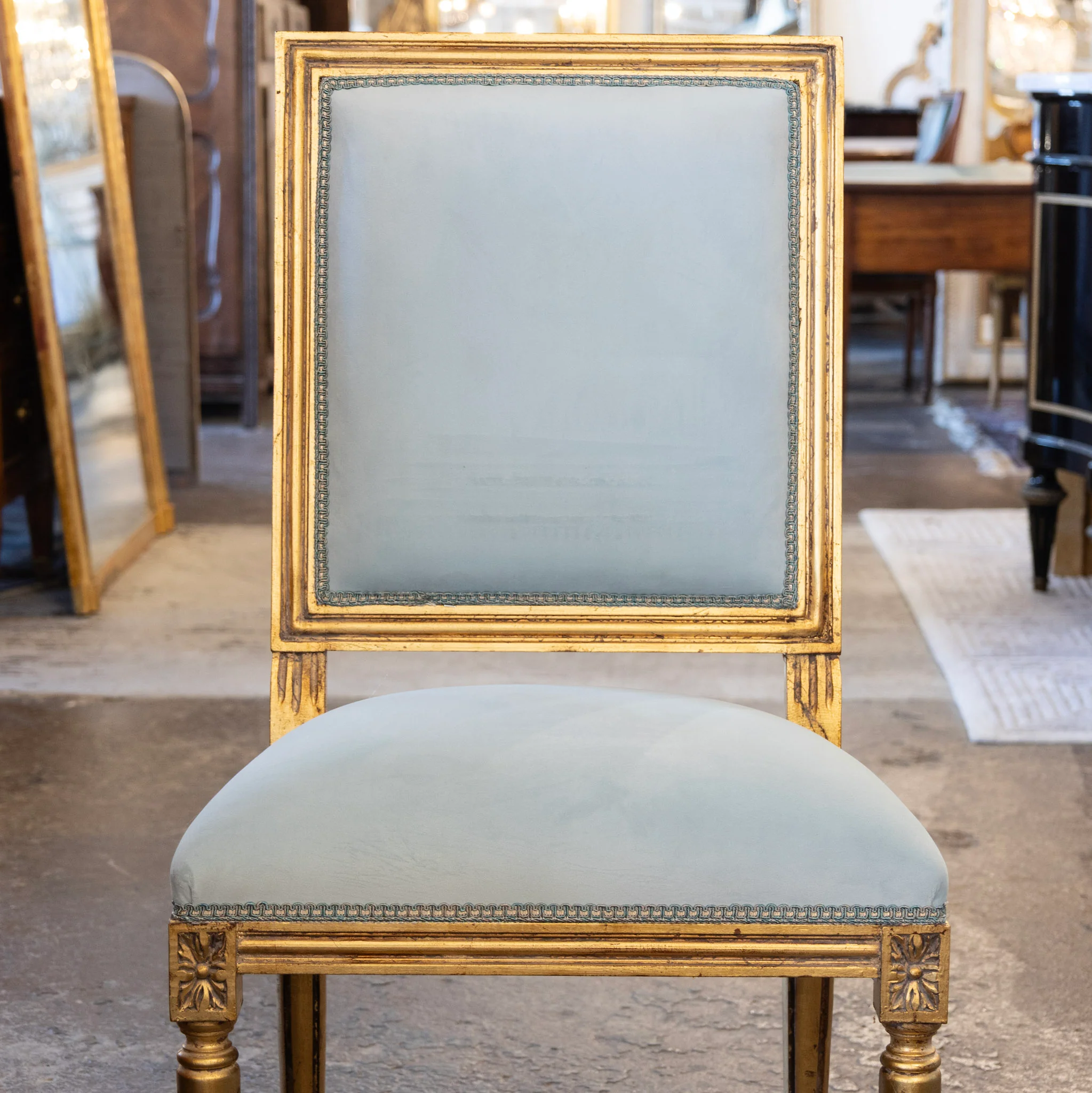 Louis XVI Square Gilded Dining Chair – Blue Velvet Upholstery - Image 3