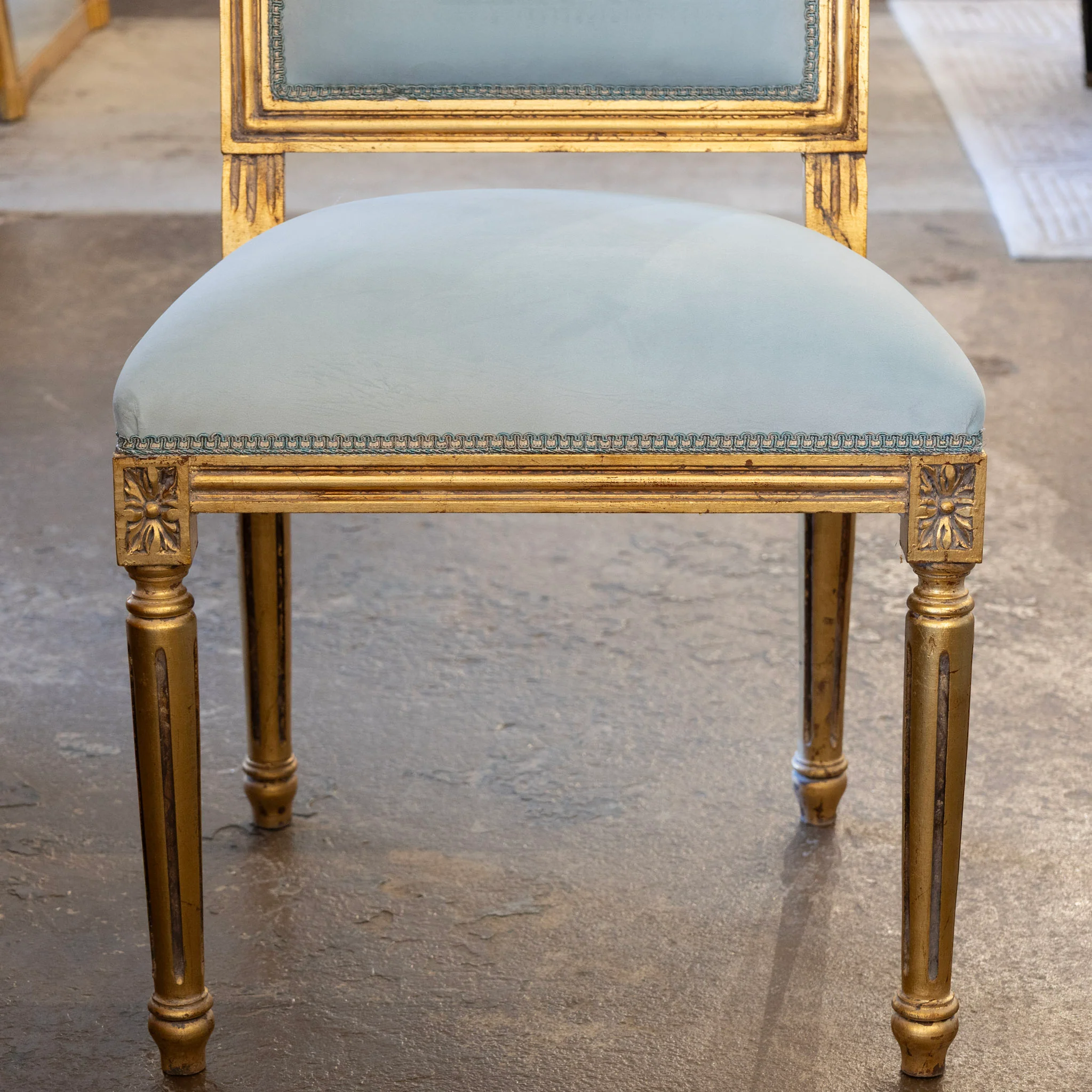 Louis XVI Square Gilded Dining Chair – Blue Velvet Upholstery - Image 4