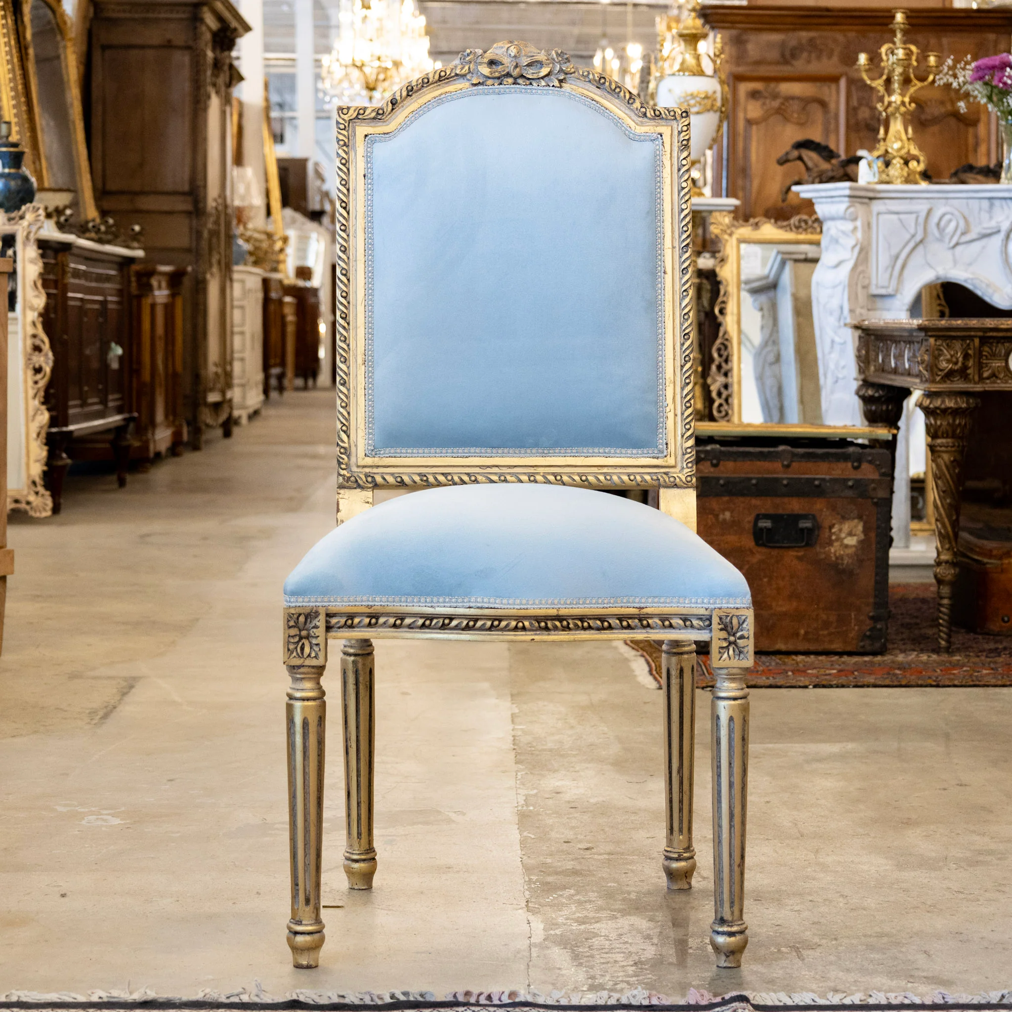 Louis XVI Square Gilded Dining Chair – Blue Velvet Upholstery & Floral Carvings