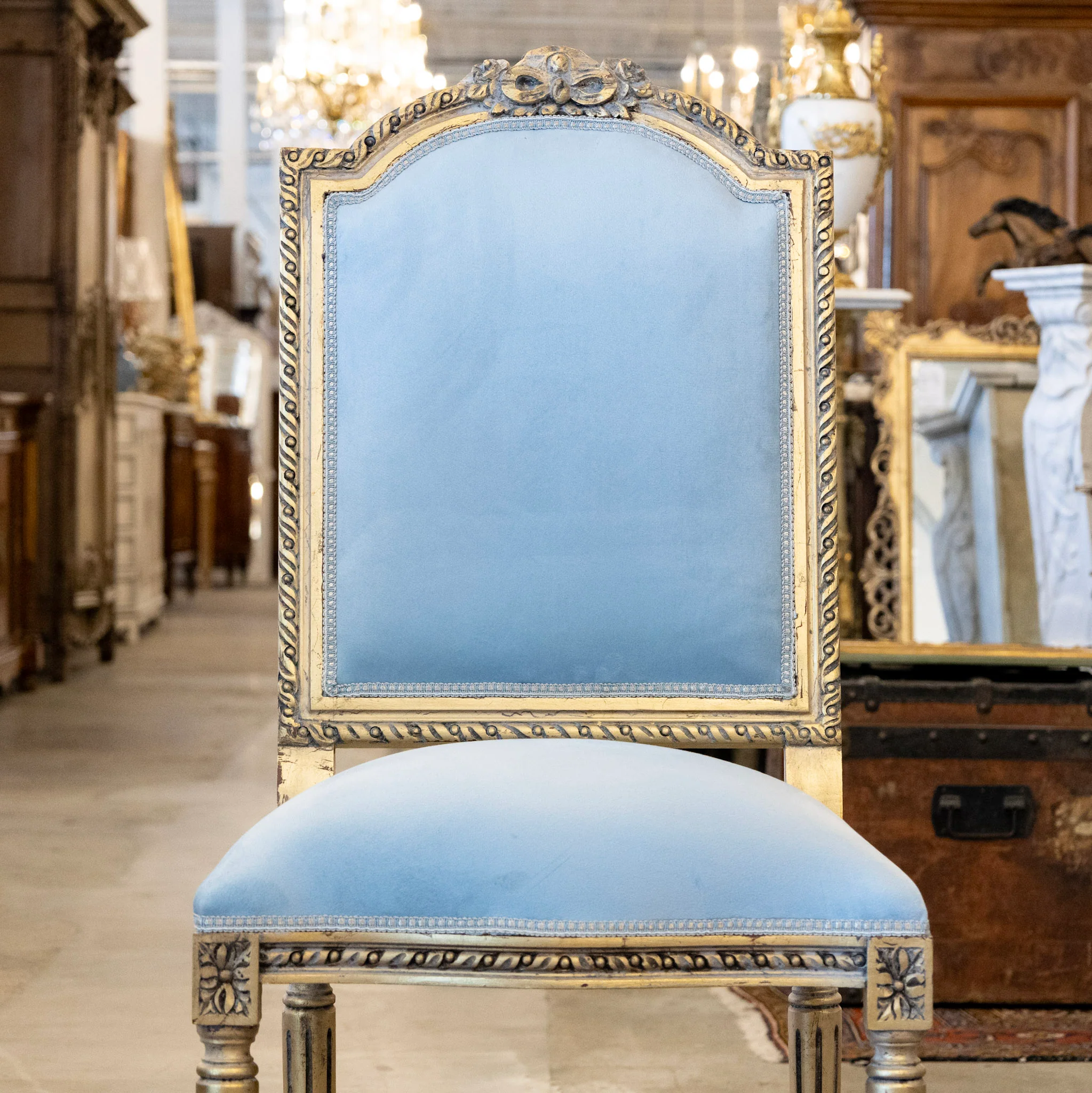 Louis XVI Square Gilded Dining Chair – Blue Velvet Upholstery & Floral Carvings - Image 2